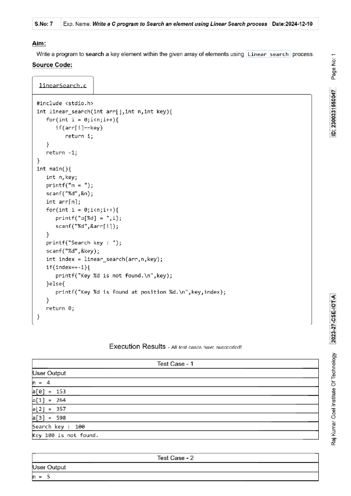 Code of ds subject - S: 7 Exp. Name: Write a C program to Search an ...