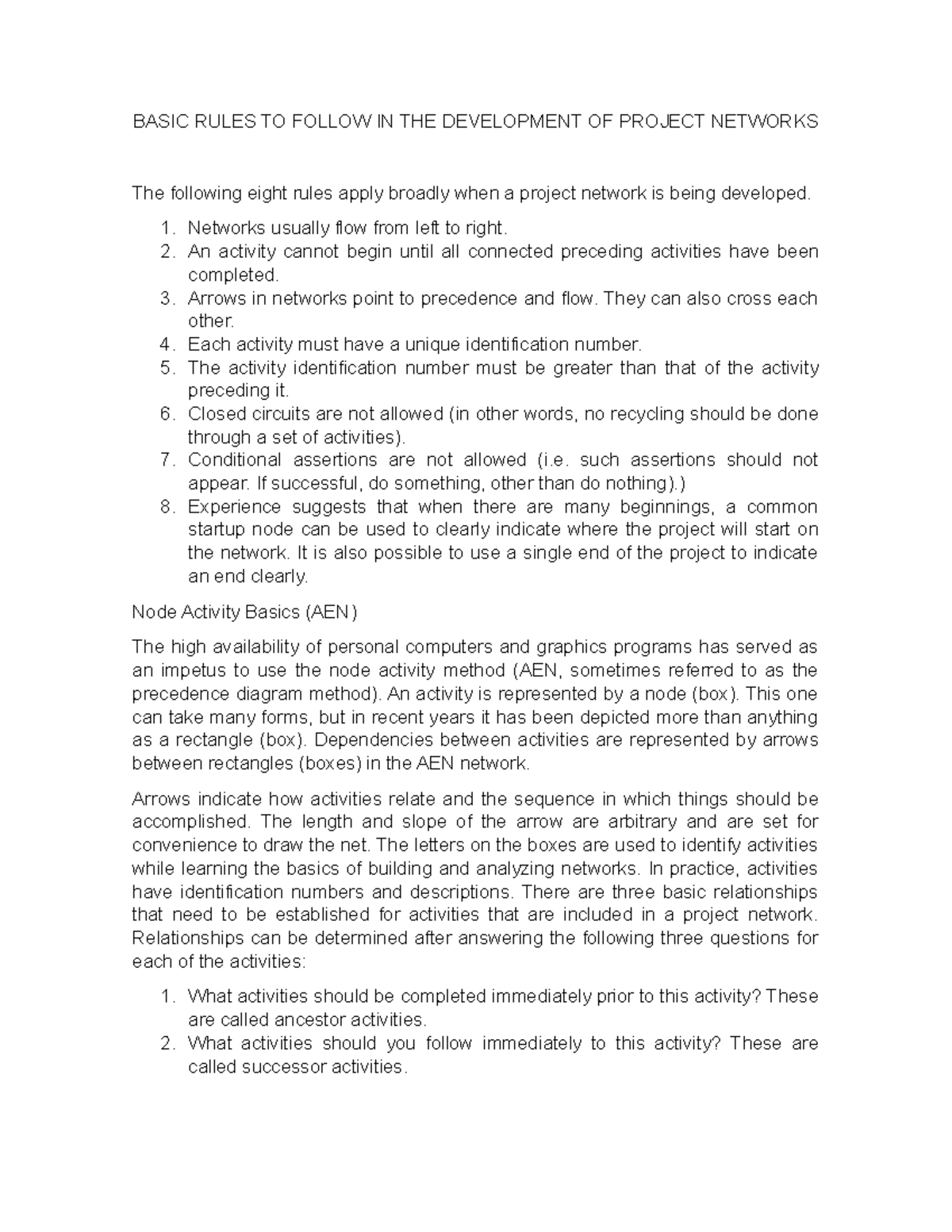BASIC RULES TO FOLLOW IN THE DEVELOPMENT OF PROJECT NETWORKS - Networks ...