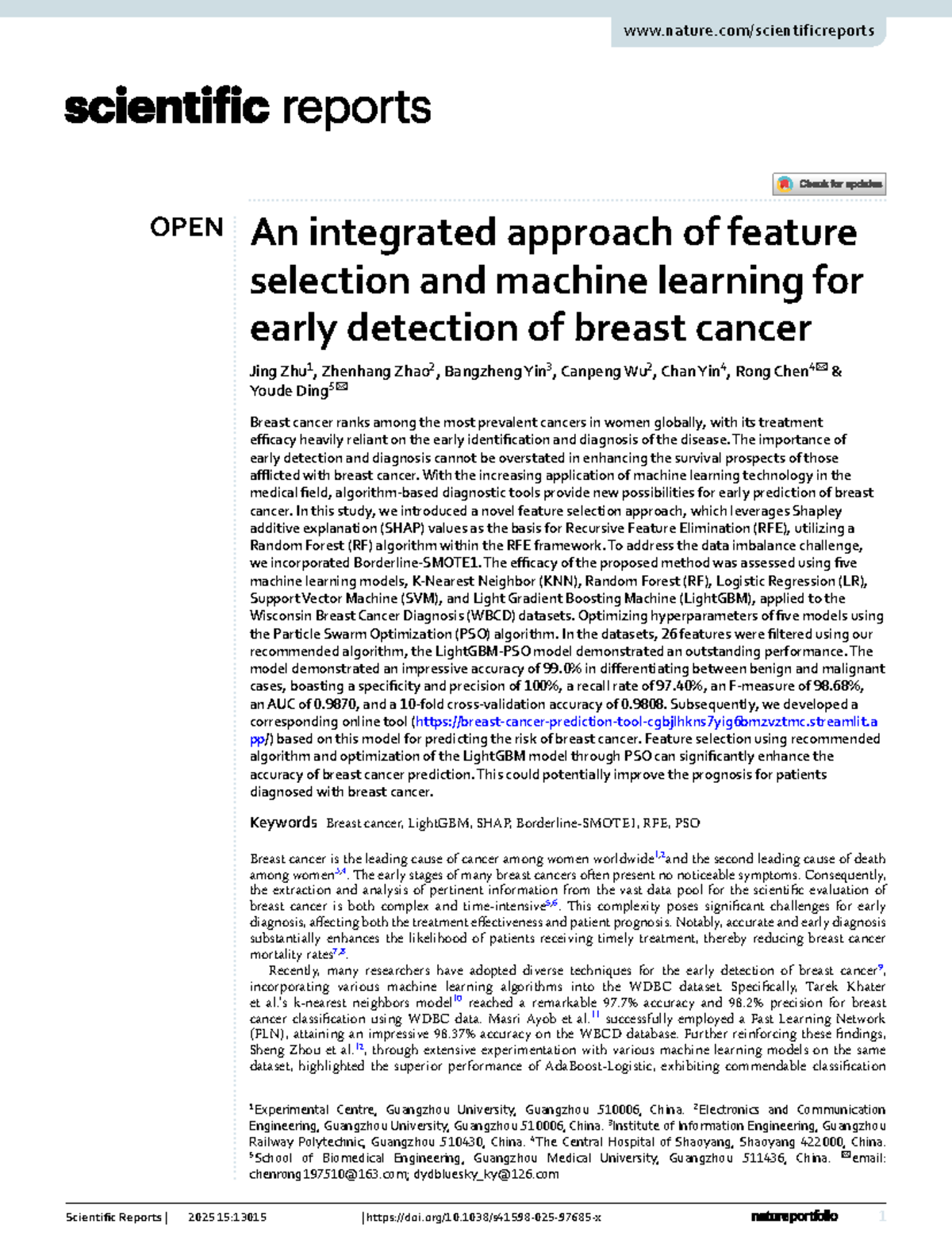 OPEN Integrated Feature Selection & ML for Early Breast Cancer ...
