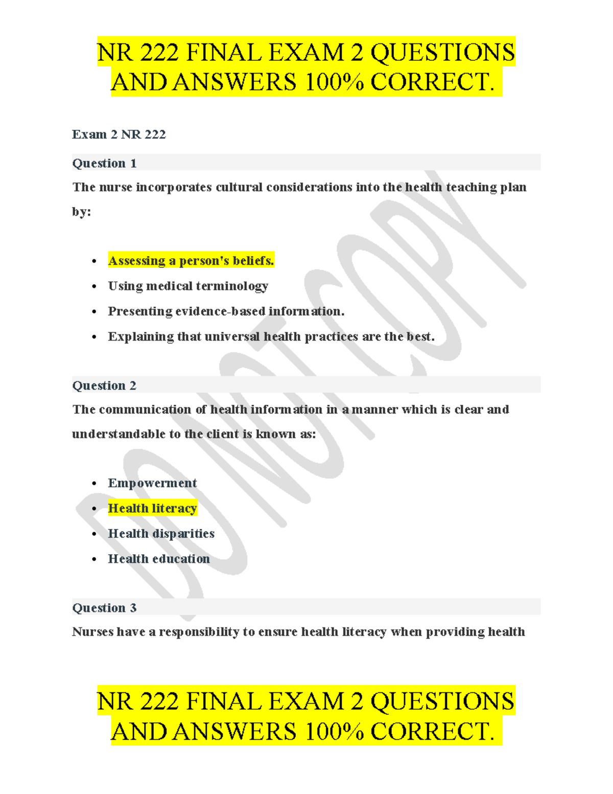 NR222 Exam 2.docx - AND ANSWERS 100% CORRECT. Exam 2 NR 222