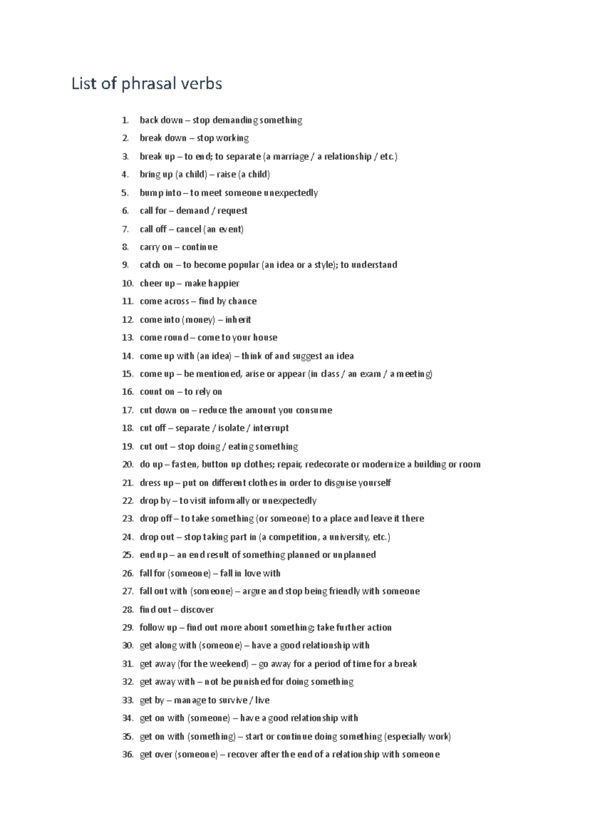 Phrasal Verbs List for English Language Learning - Studocu