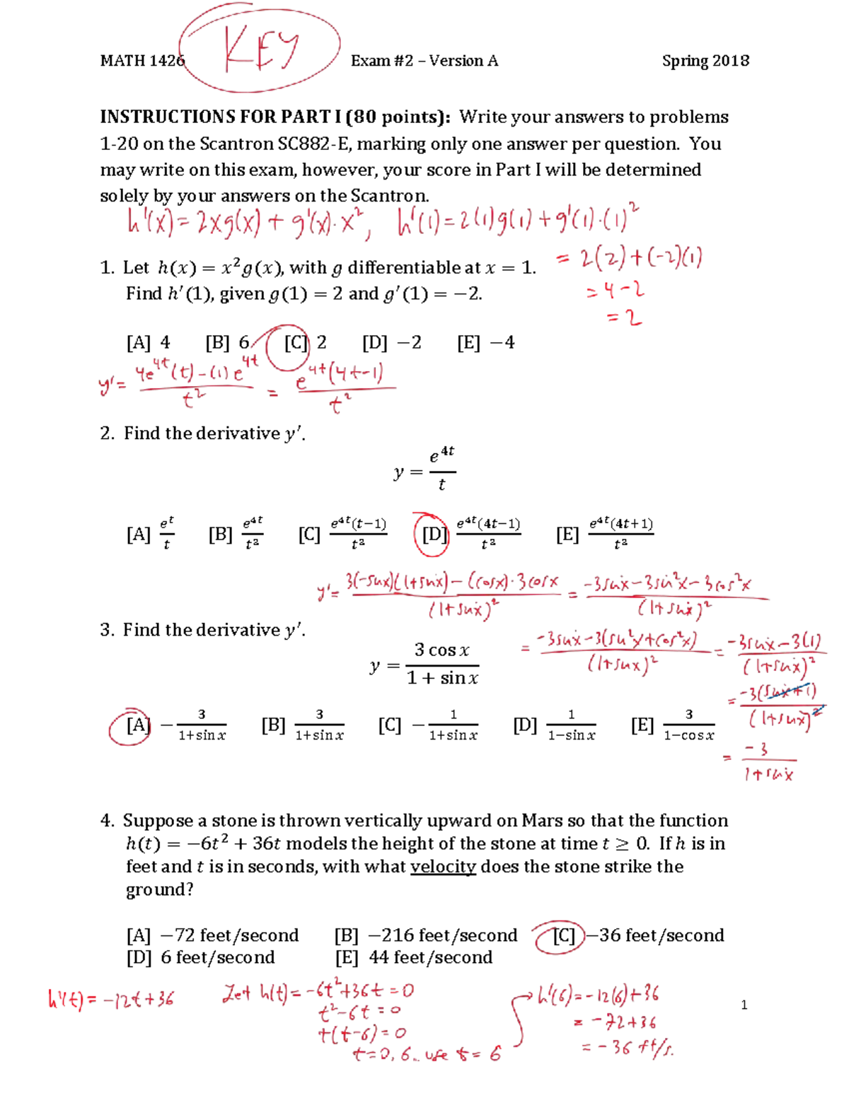 MATH 1426 Final Exam Spring 2018 Version A Solutions - Studocu