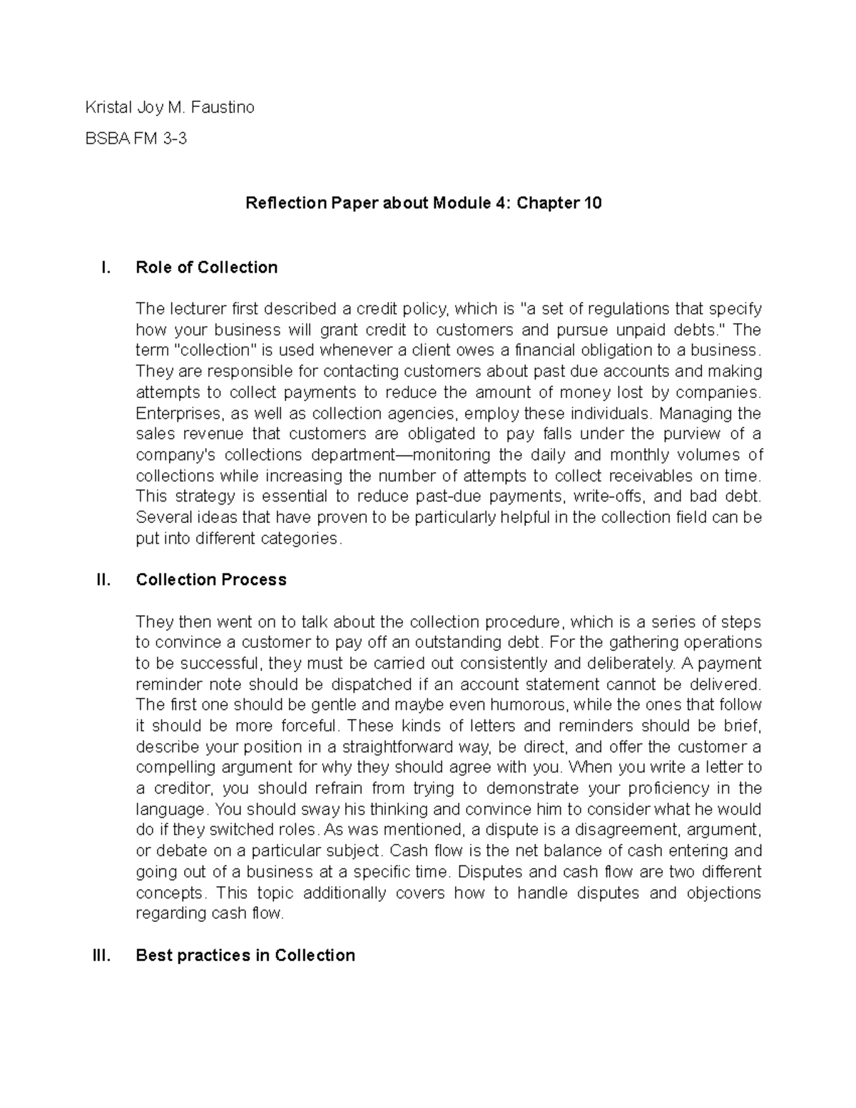 Reflection Paper on Module 4: Chapter 10 - Collection Strategies - Studocu