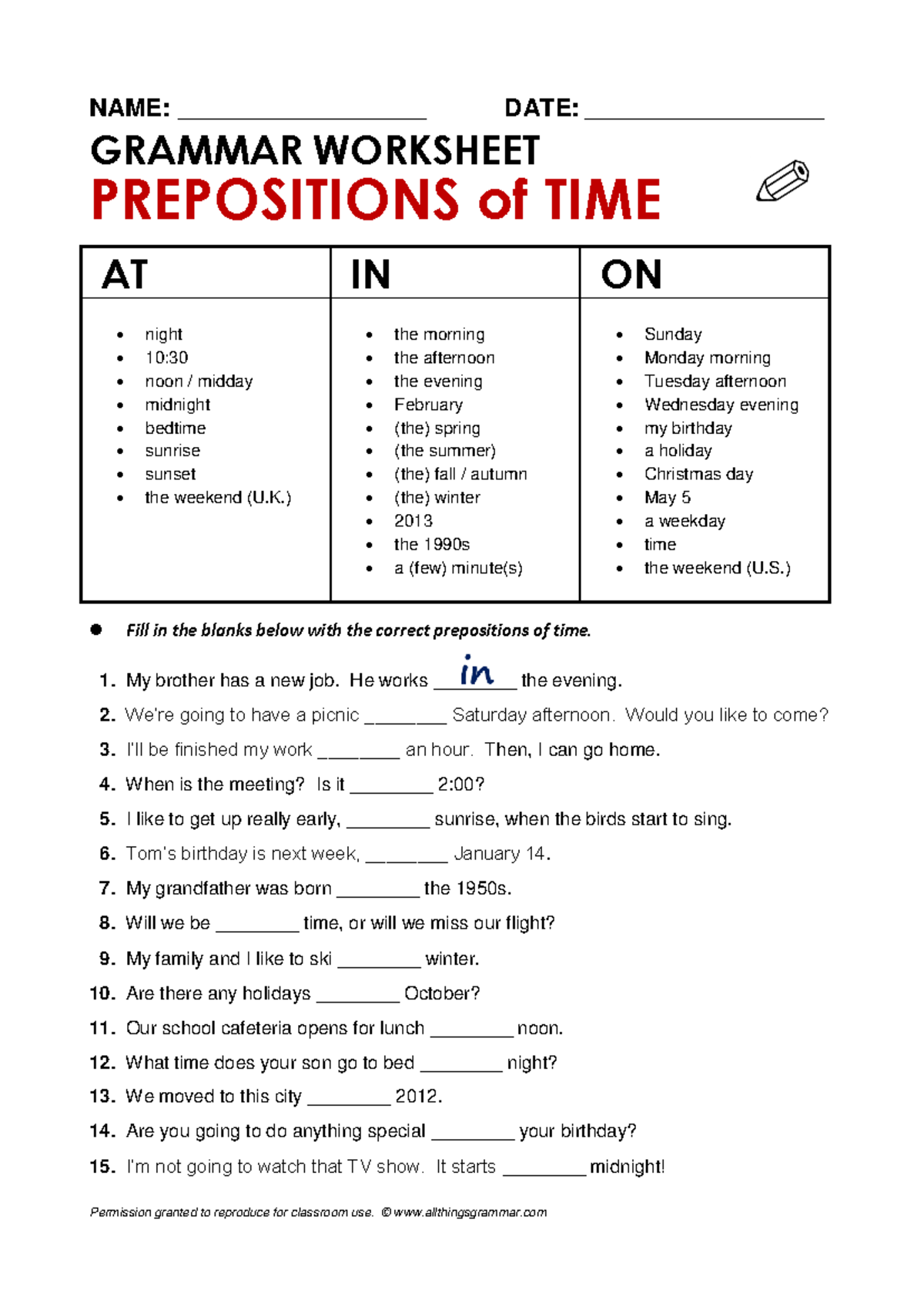 Grammar Worksheet: Prepositions of Time (AT, IN, ON) - Studocu