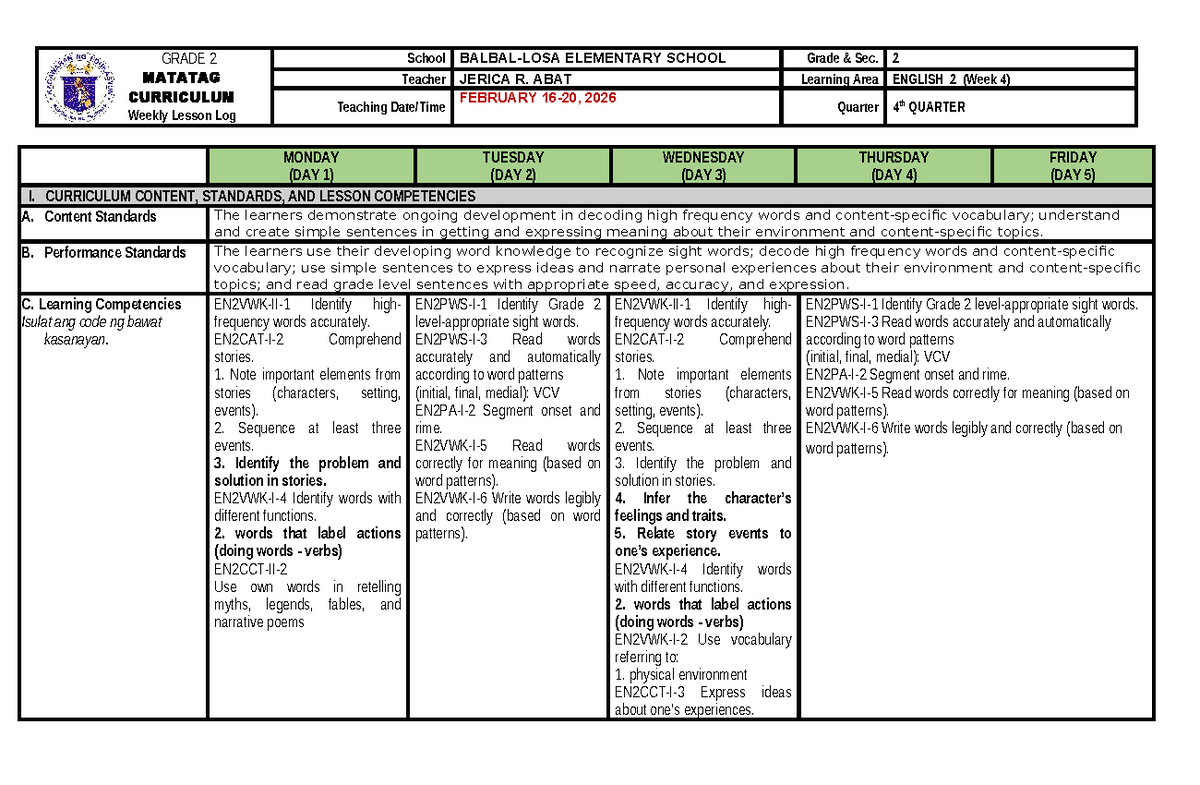GRADE 2 ENGLISH Weekly Lesson Log - 4th Quarter (Week 4) - Studocu