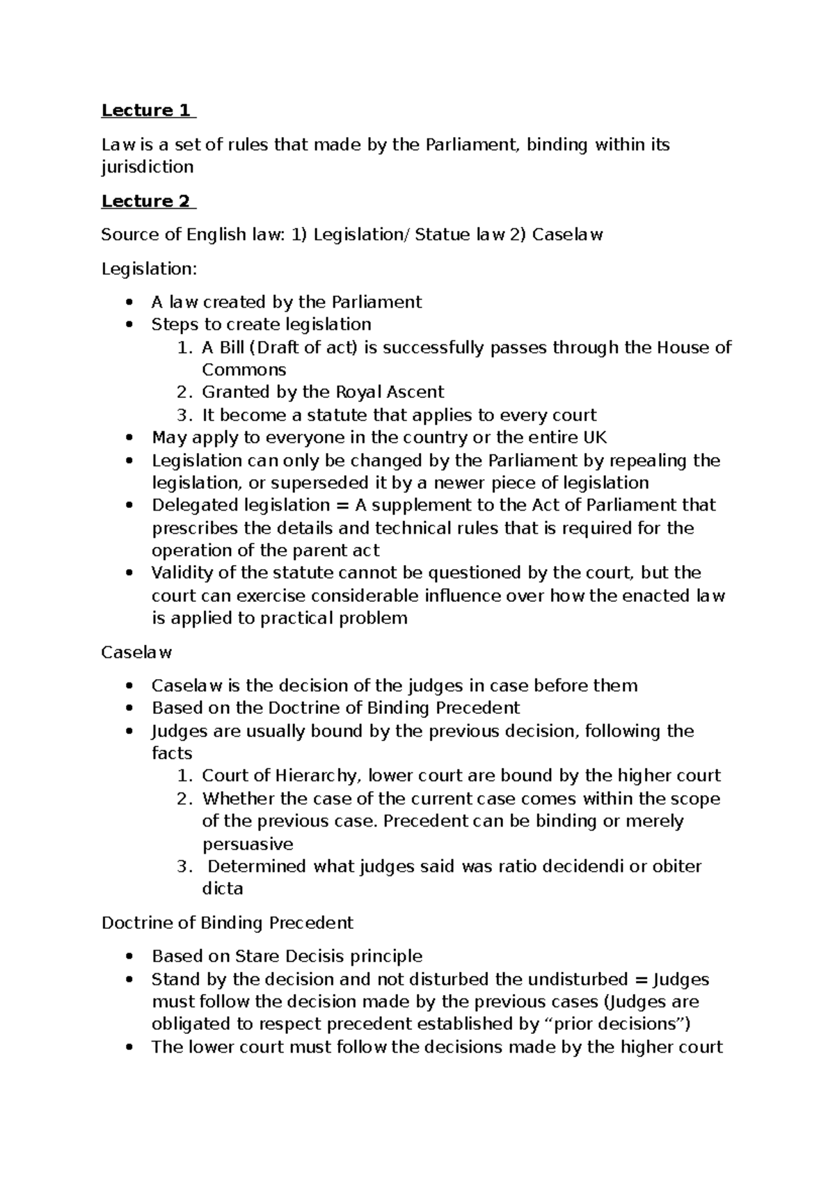 Law 101: Lecture Notes on Legislation and Case Law Concepts - Studocu