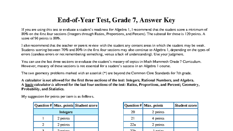 End of Year Test Grade 7: Answer Key and Scoring Guide - Studocu