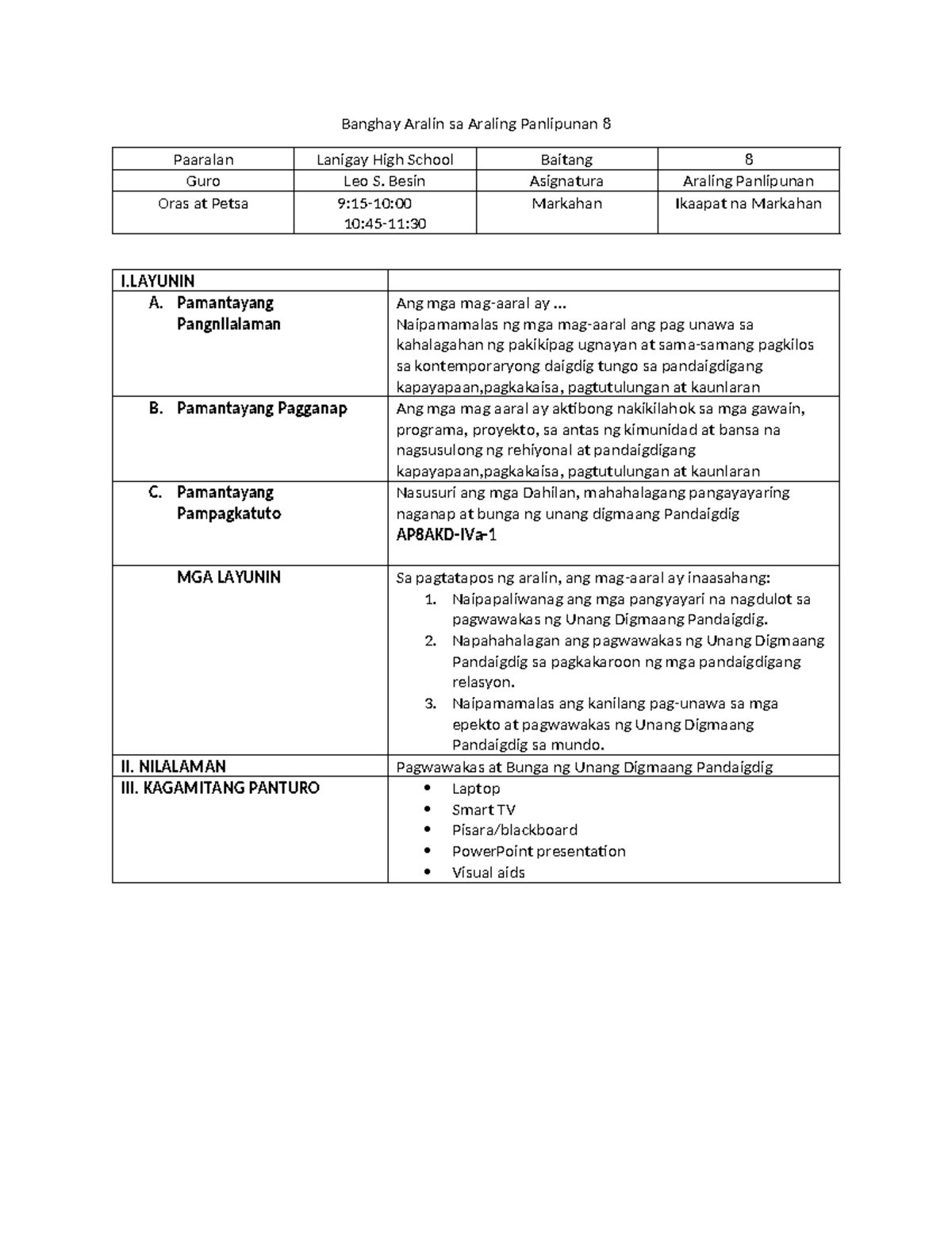AP Lesson Plan Q4-M3 - Detailed - Banghay Aralin sa Araling Panlipunan ...