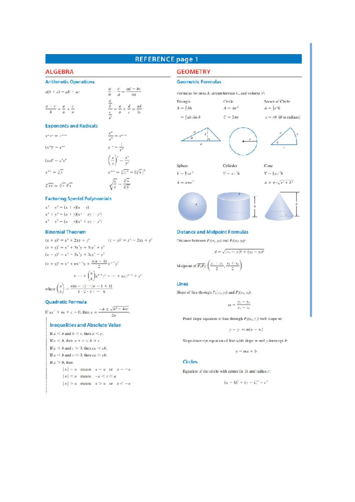 MTHS Algebra & Geometry Reference Notes: Formulas & Operations - Studocu