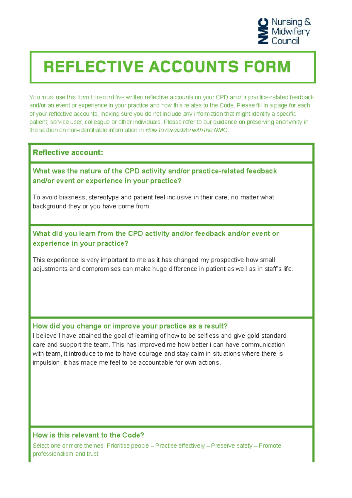 NMC Reflective Accounts Form for Continuous Professional Development ...