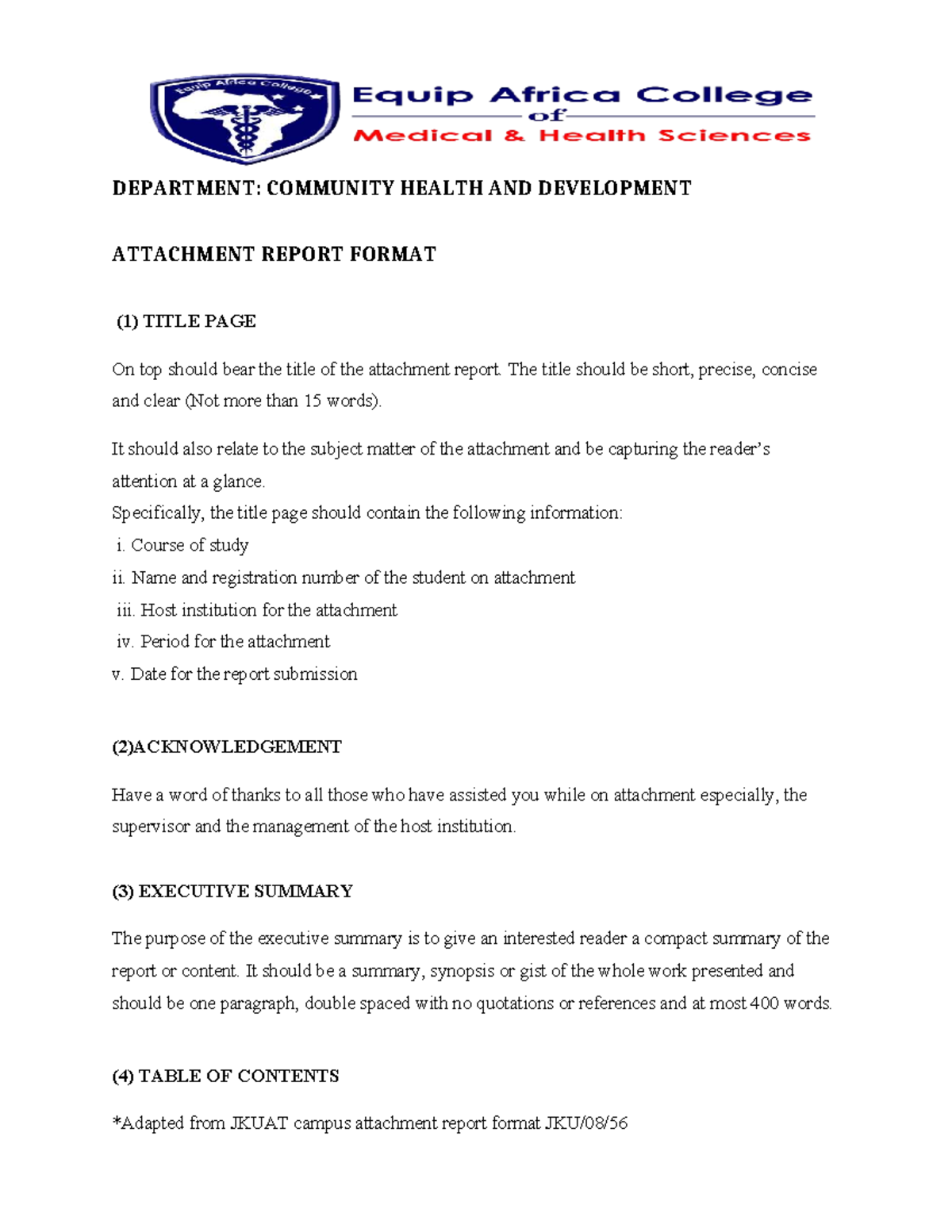 Attachment Report Format: Guidelines for JKUAT Students - Studocu