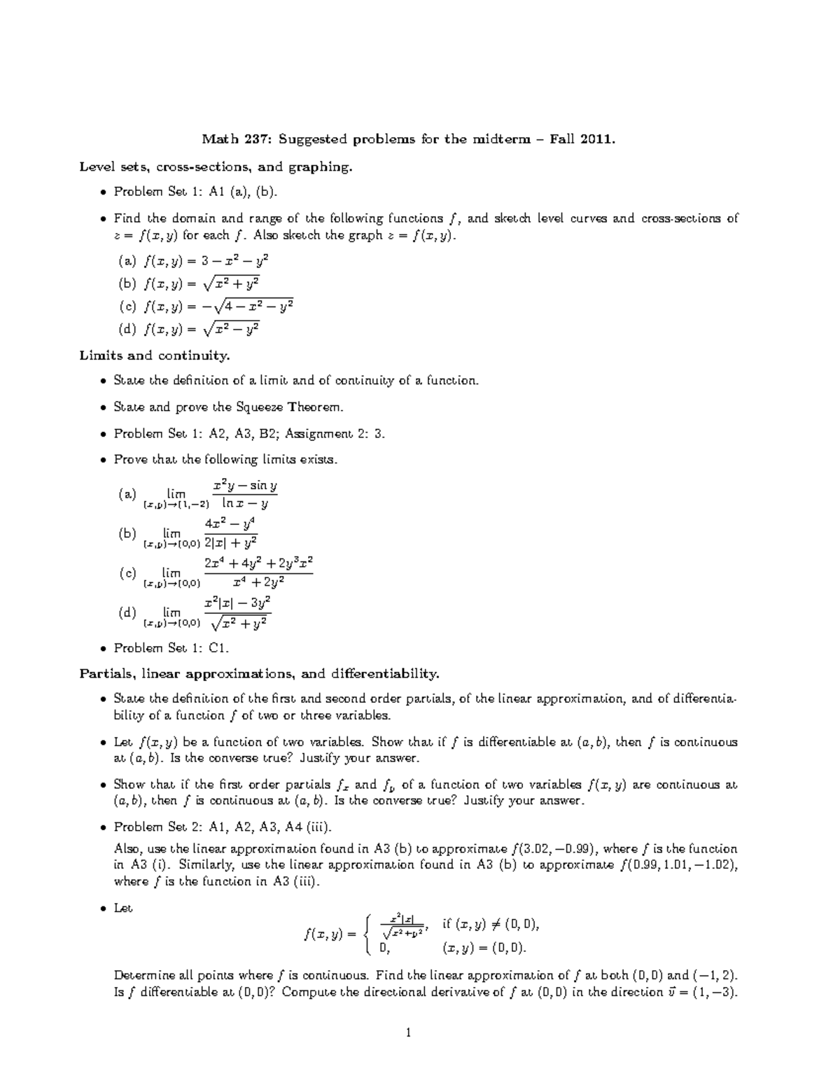 237Mid Prob Set 2011 - problem set - Math 237: Suggested problems for ...