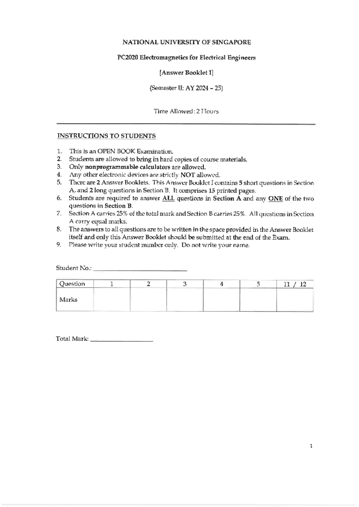 PC2020 Electromagnetics for Electrical Engineers Exam Booklet AY 2024 ...