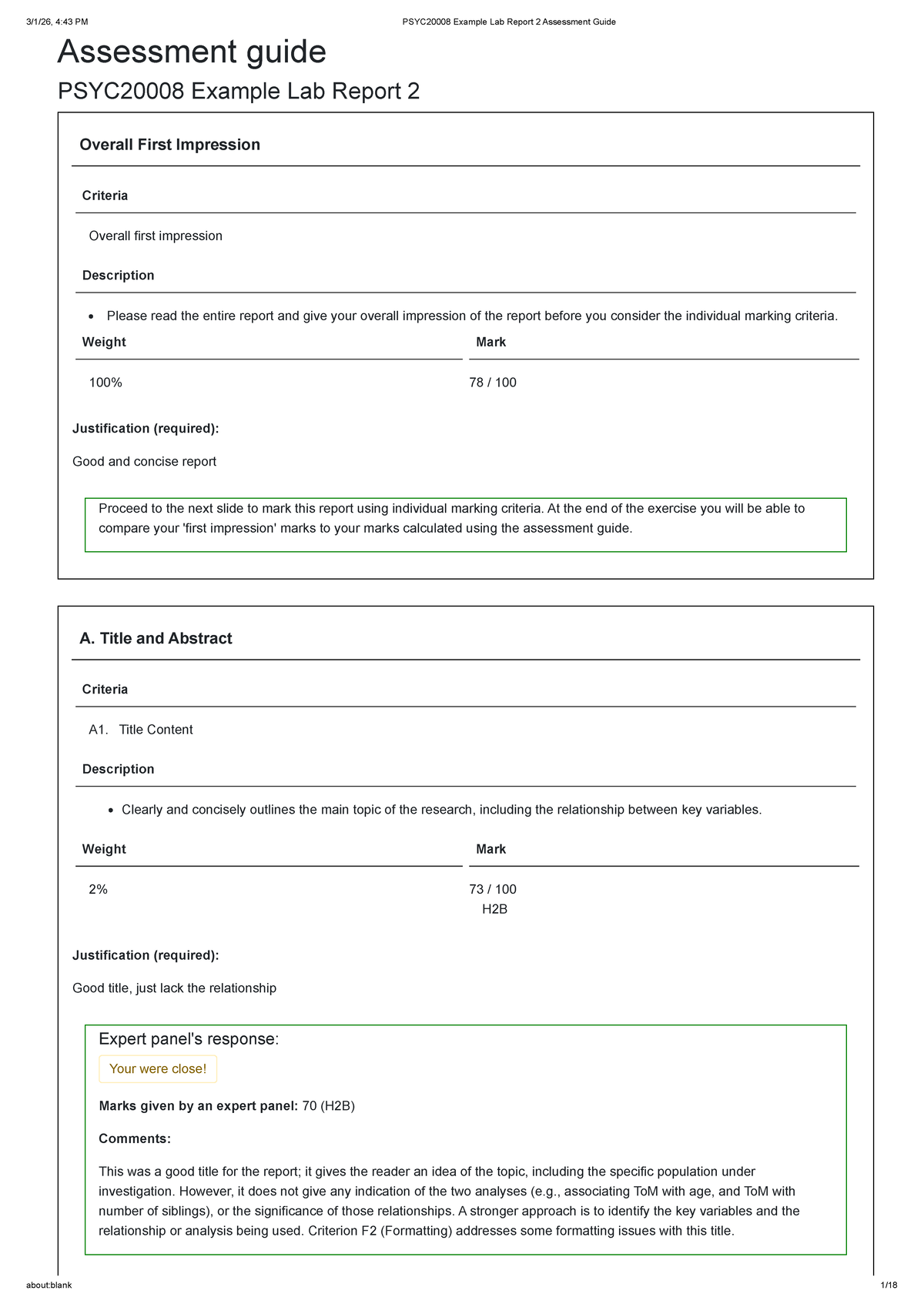 Example Lab Report 2 Assessment Guide: Criteria and Feedback - Studocu