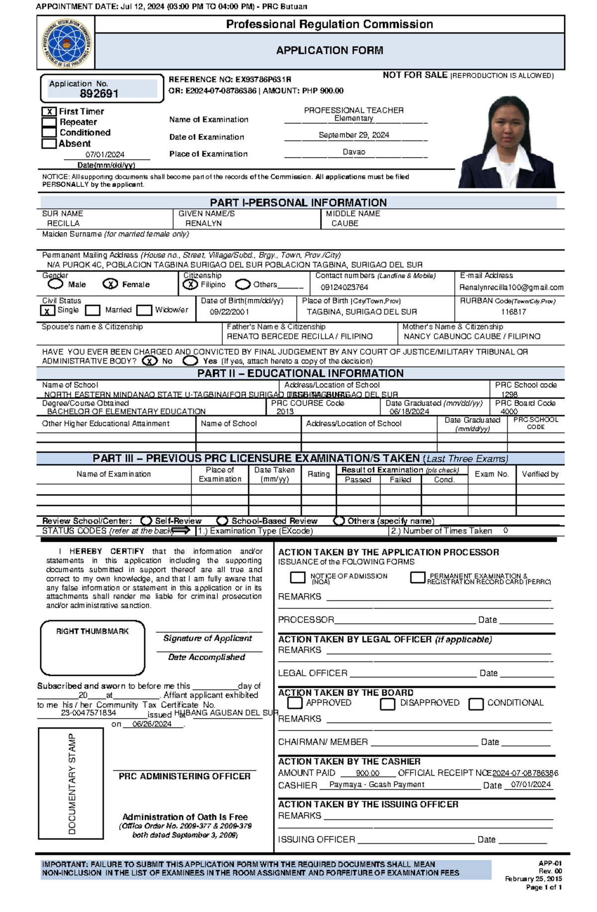 PRC Application Form for Professional Teacher Exam - APP-01 - Studocu