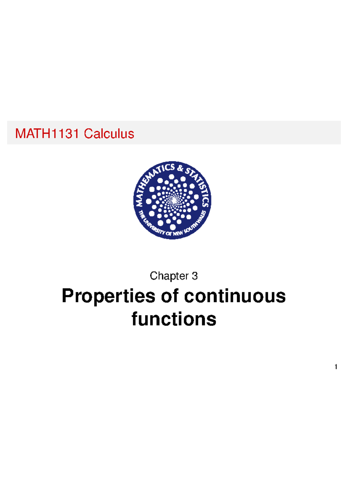 MATH1131 Calculus Chapter 3: Properties of Continuous Functions - Studocu