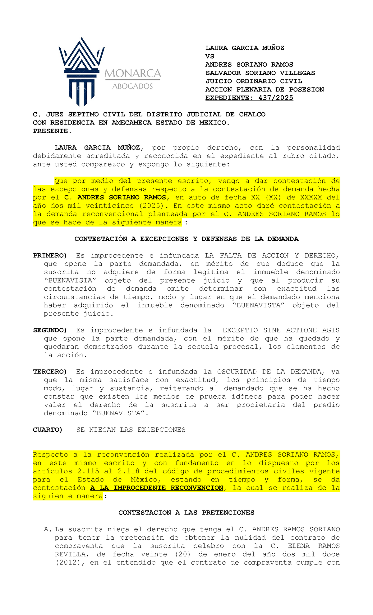 Contestación a Excepciones y Defensas - Juicio Ordinario Civil C. 2025 - Document Preview