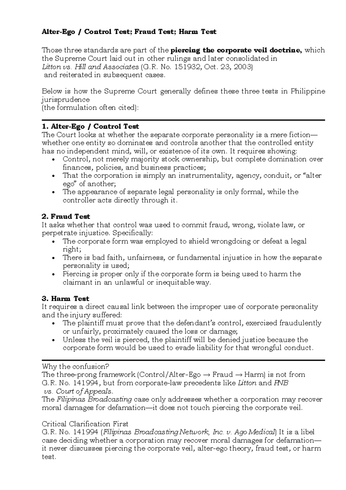 Alter Ego Control-Fraud-Harm Test in Philippine Jurisprudence - Studocu