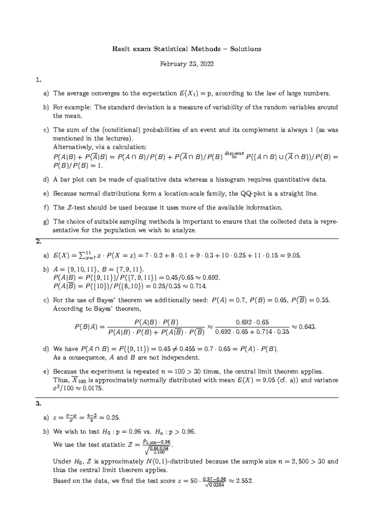 Resit exam of statistical methods 2022 solutions - Statistical Methods ...