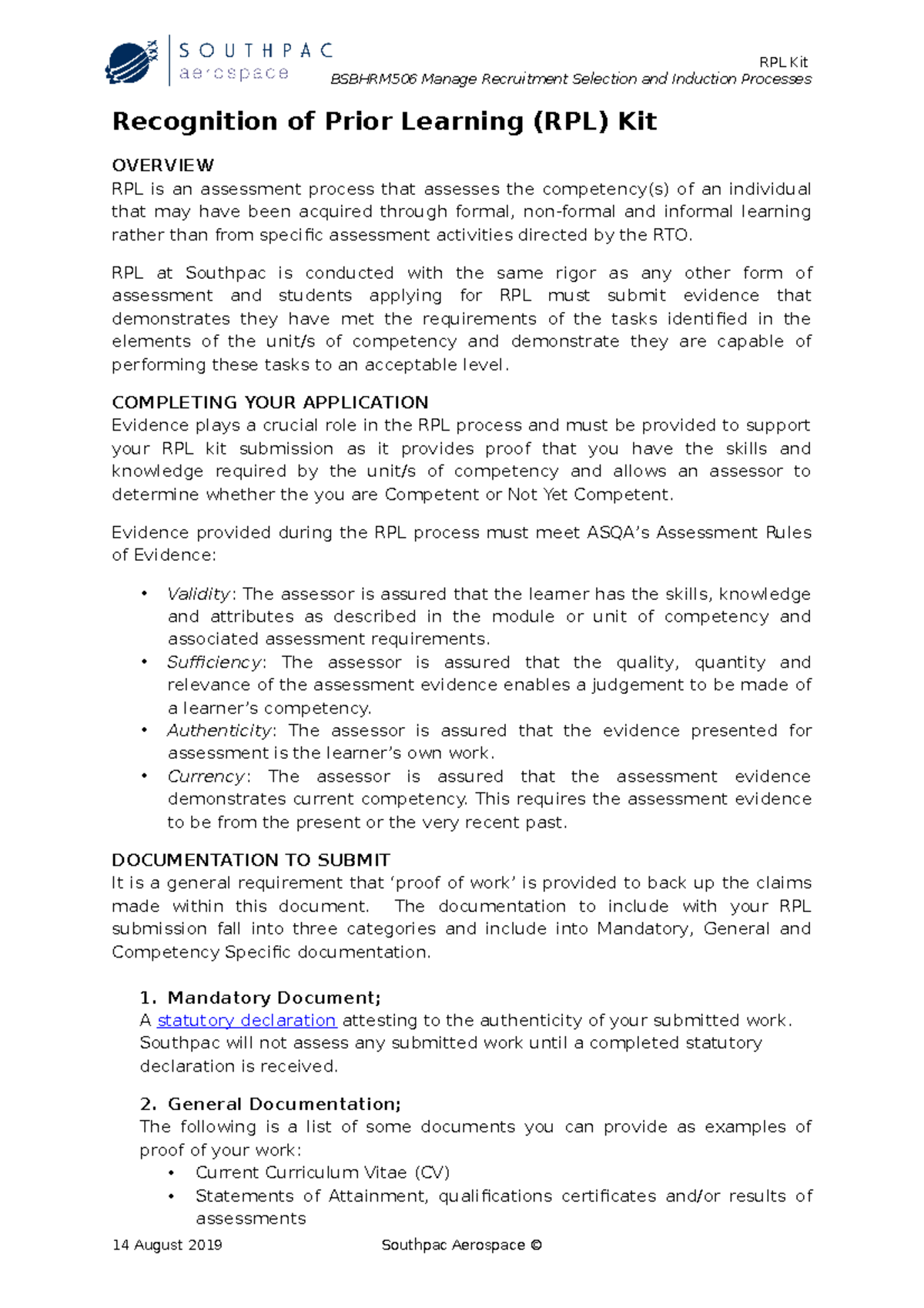 RPL Kit for BSBHRM506: Managing Recruitment, Selection & Induction ...