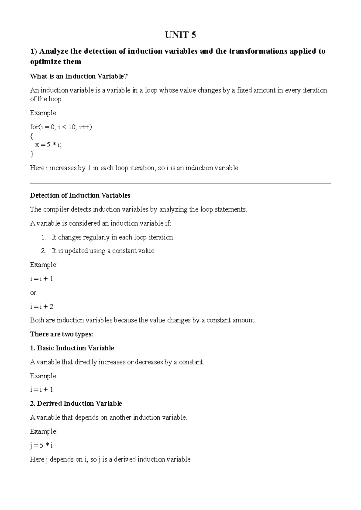 COMPILER DESIGN UNIT 5: Induction Variables & Optimization Techniques ...