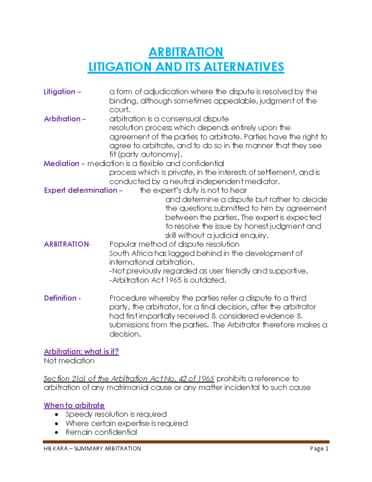 ADR Summary Notes: Arbitration, Litigation & Alternatives - Studocu