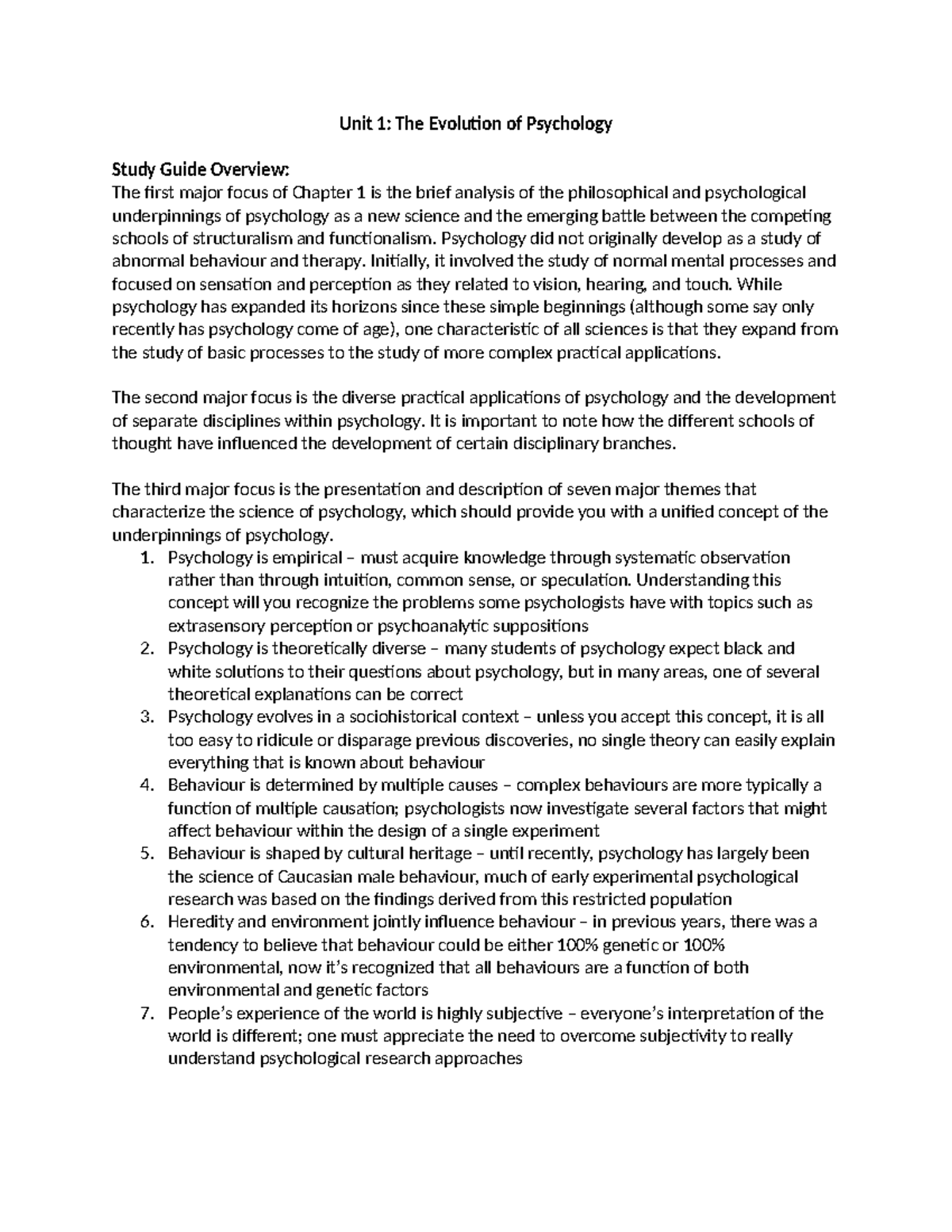 Unit 1: The Evolution and Schools of Thought in Psychology Study Guide ...