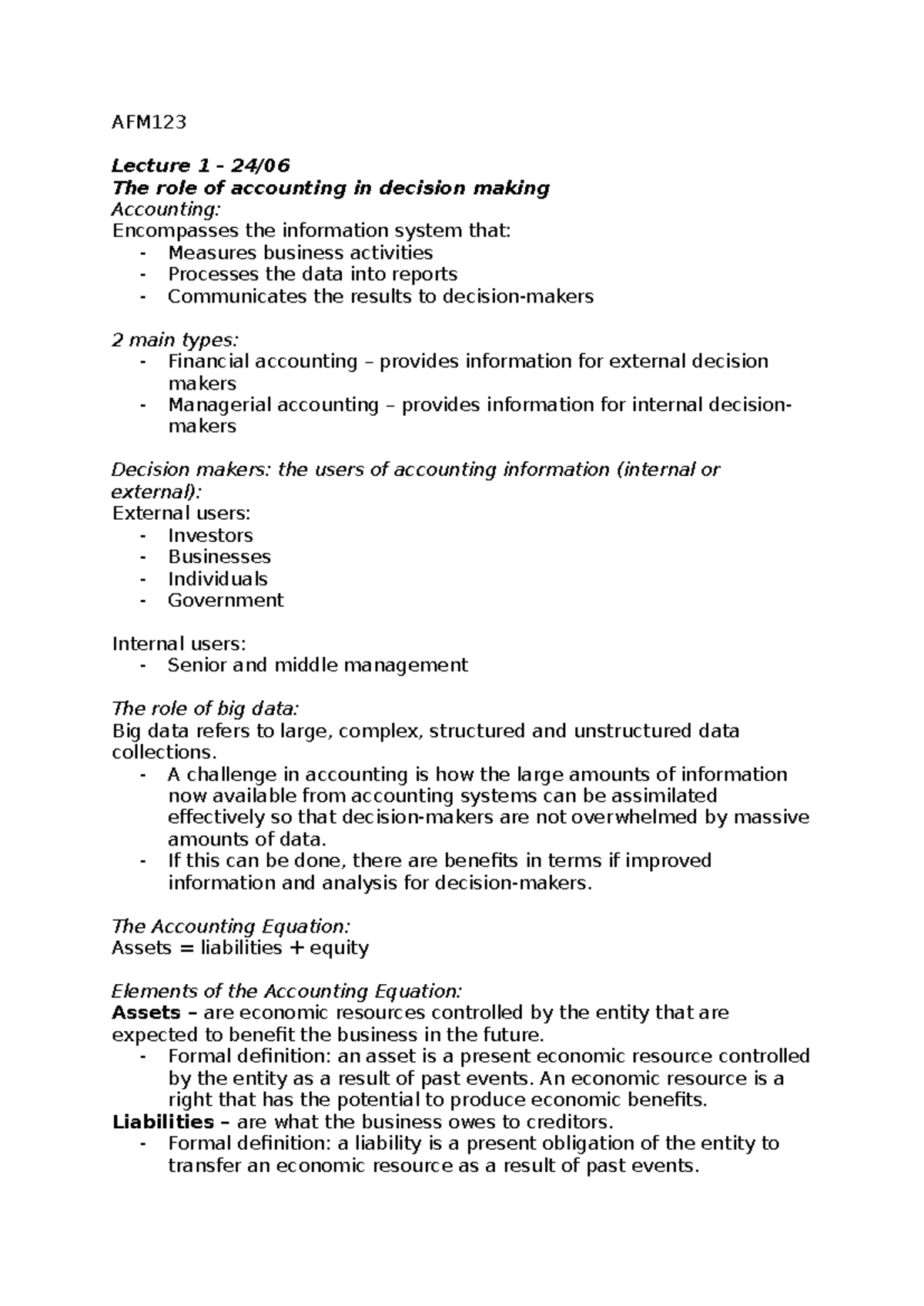 AFM123 Lecture Notes: The Role of Accounting in Decision Making - Studocu