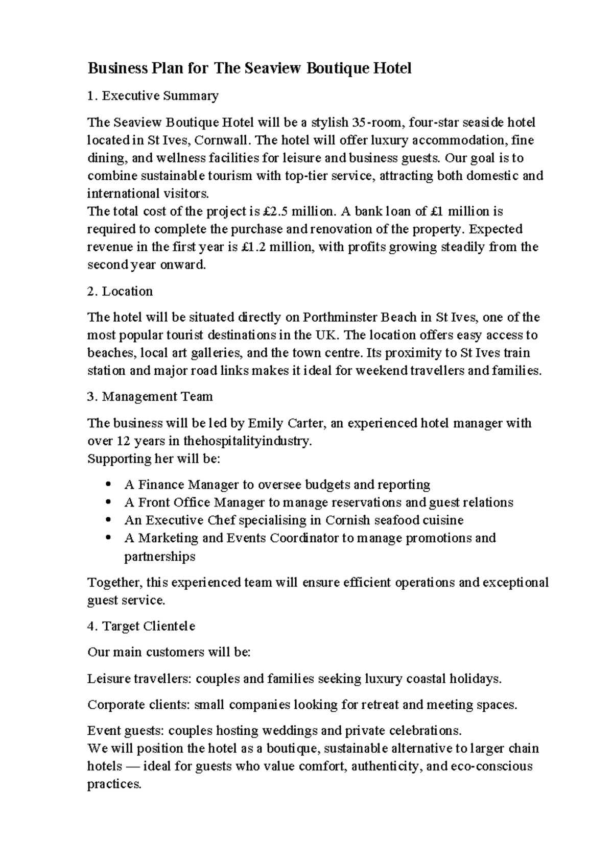 Business Plan for The Seaview Boutique Hotel: Executive Summary ...