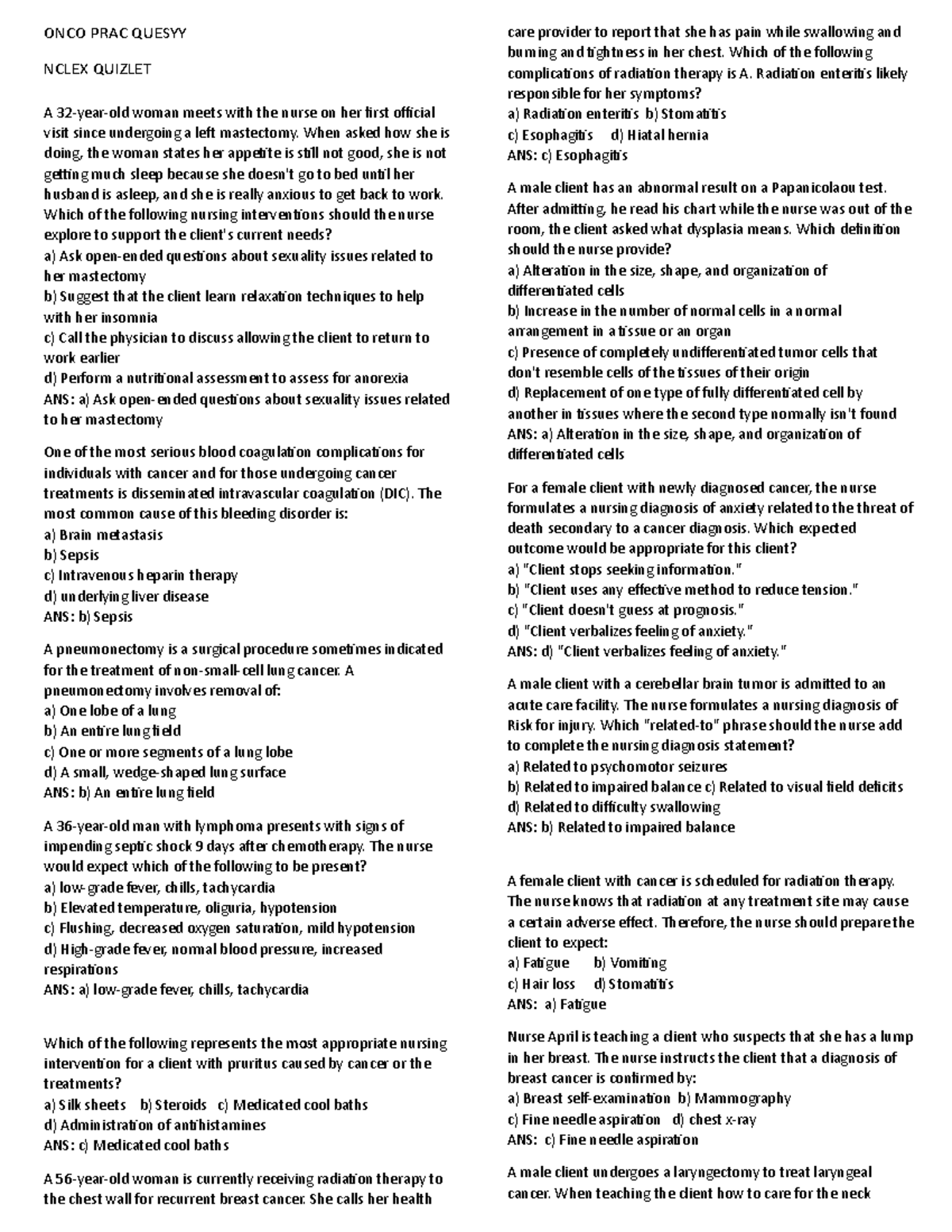 ONCO20PRAC20 Quesyy ONCO PRAC QUESYY NCLEX QUIZLET A 32yearold