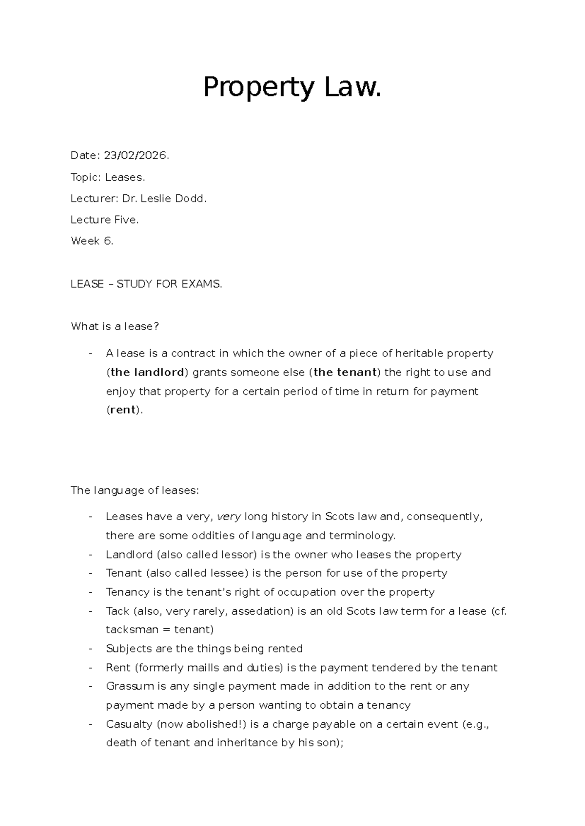 Property Law (LAW101): Lecture 5 - Leases Study Notes for Exams - Studocu