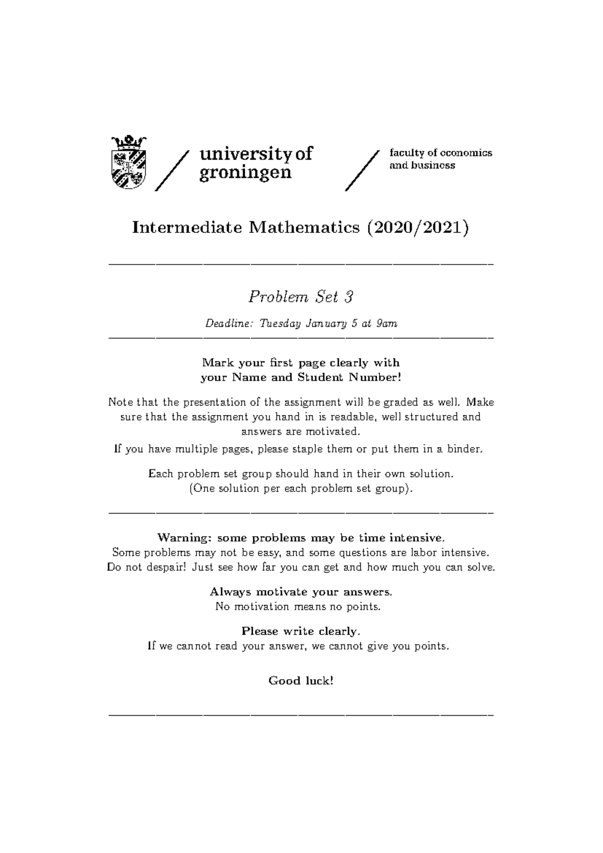Intermediate Mathematics Problem Set 3 Exercises (2020/2021) - Studeersnel