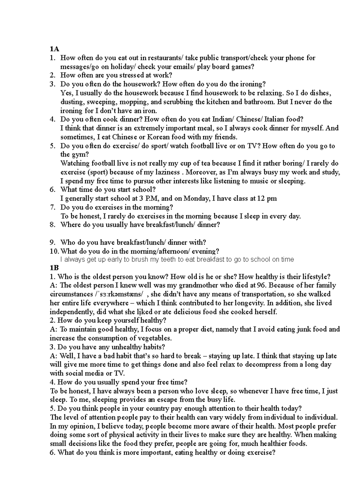 TA1 K59 Midterm Speaking Practice: 160 Sample Questions and Answers ...