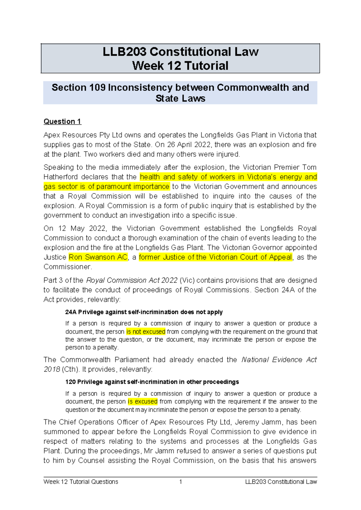 LLB203 Constitutional Law Week 12 Tutorial: Inconsistency in Laws ...