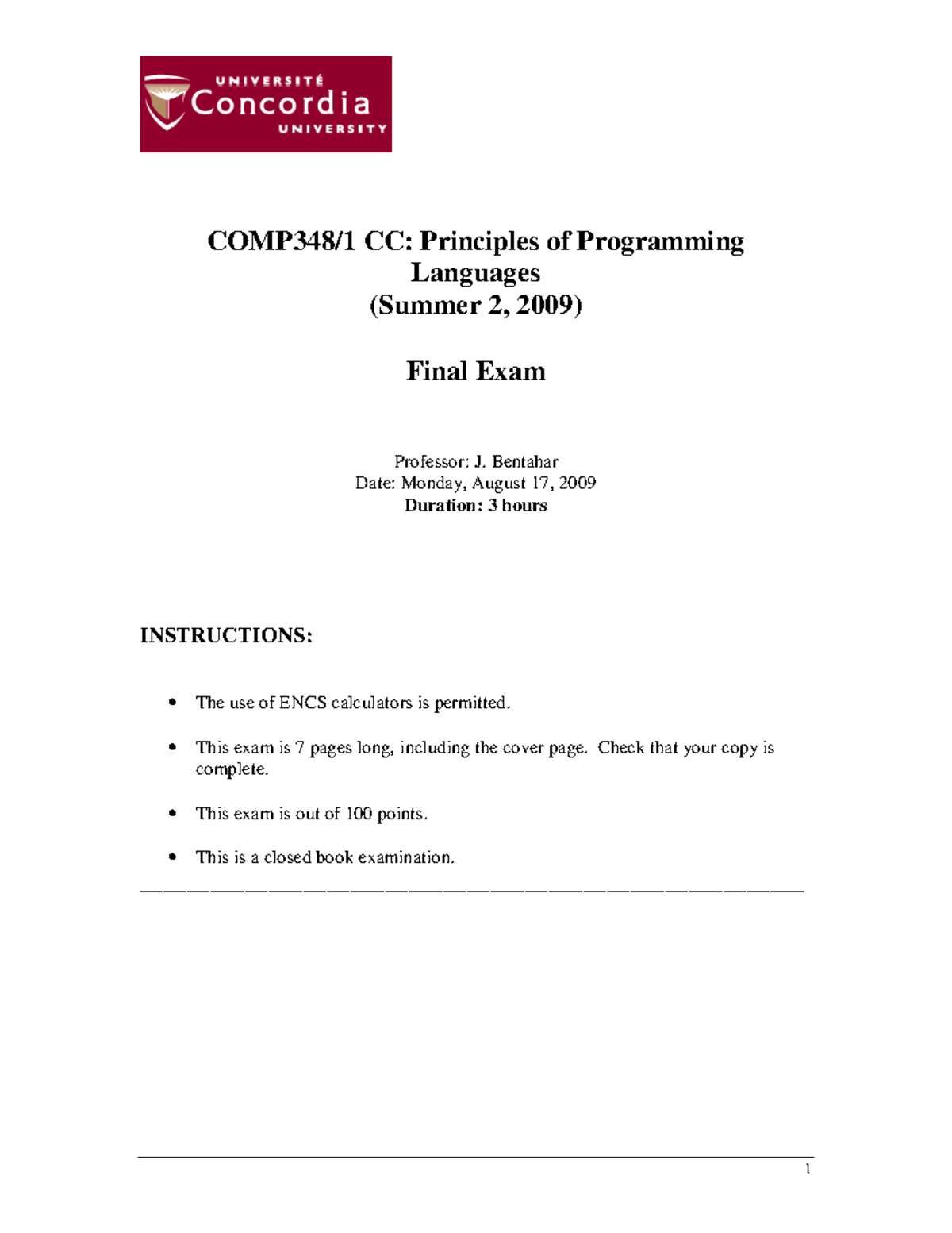 Final Exam COMP348/1 CC: Principles of Programming – August 2009 - Studocu
