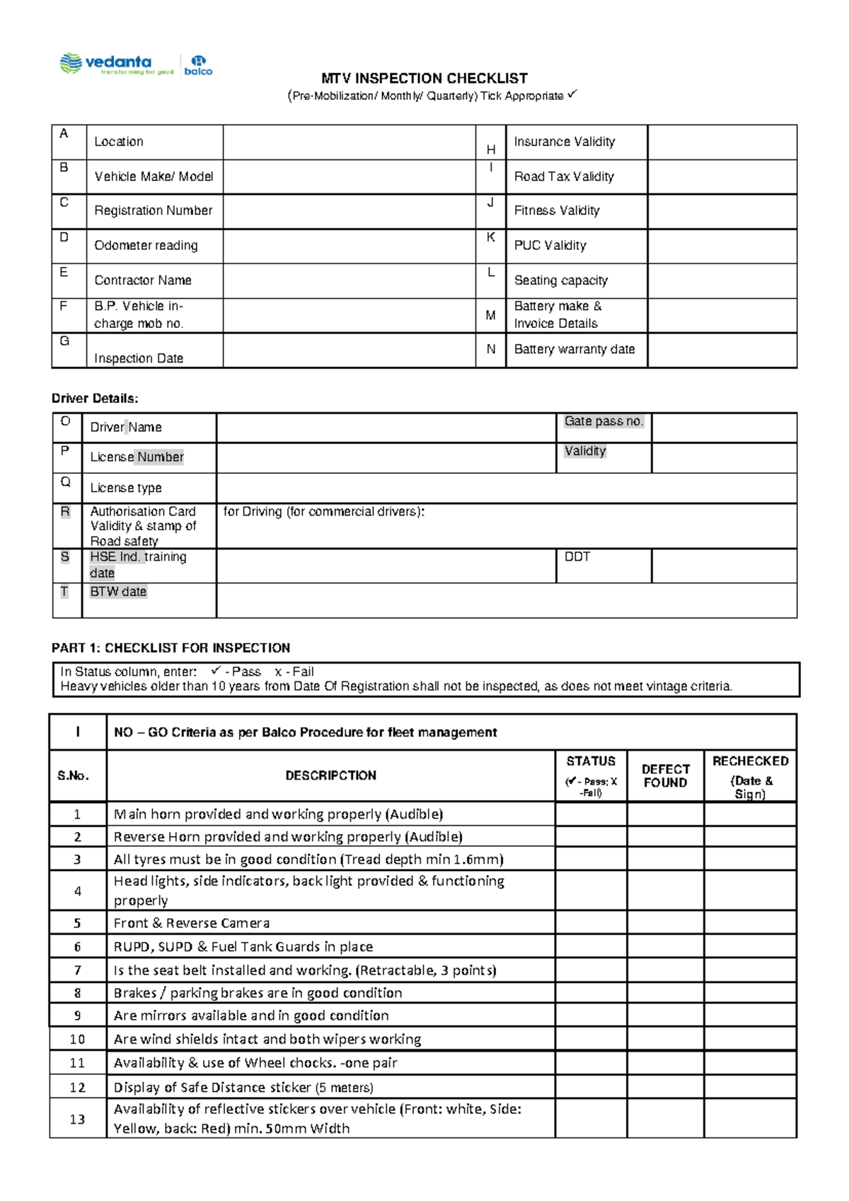 MTV Vehicle Inspection Checklist: Pre-Mobilization & Quarterly Review ...