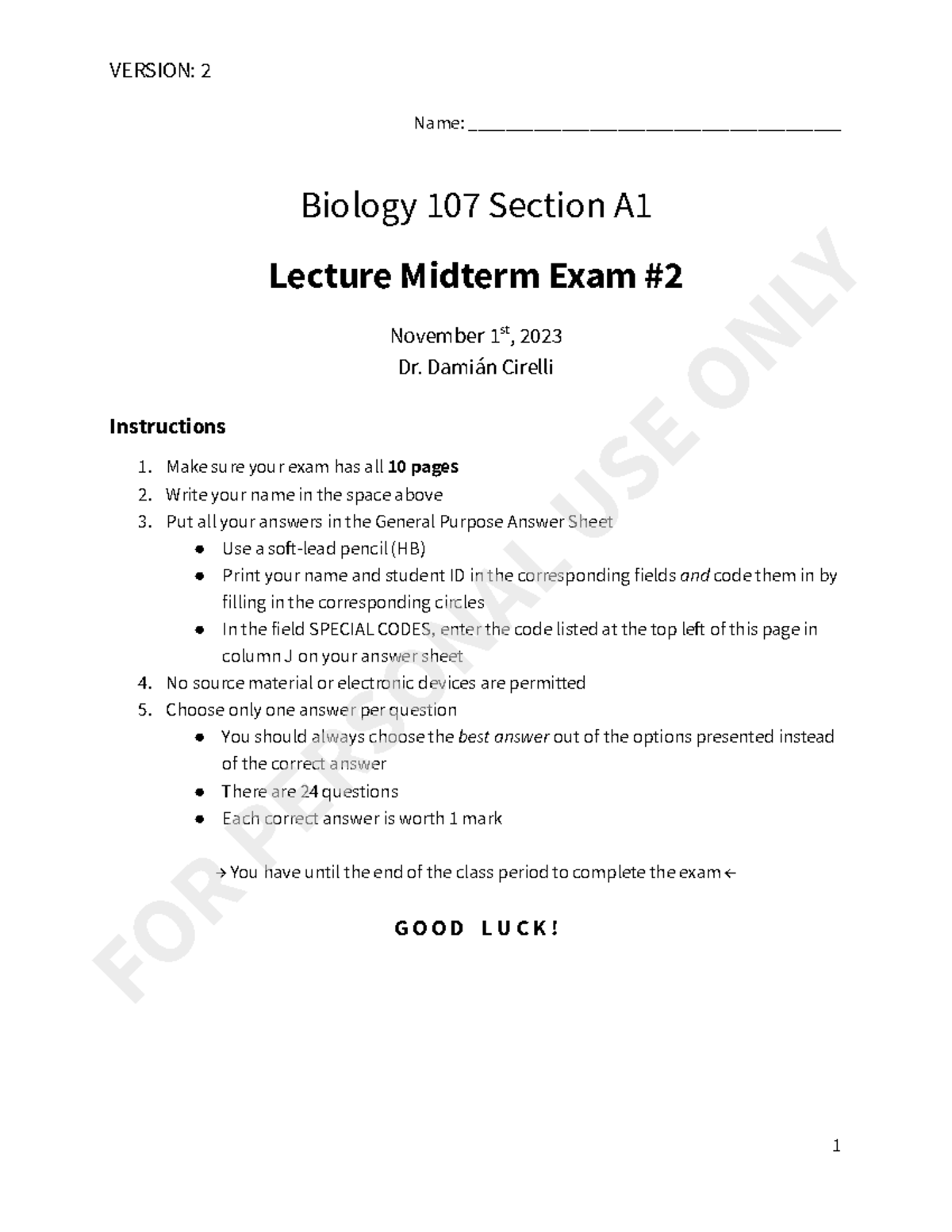Bio 107 Midterm Exam Study Guide - November 1, 2023 - Studocu