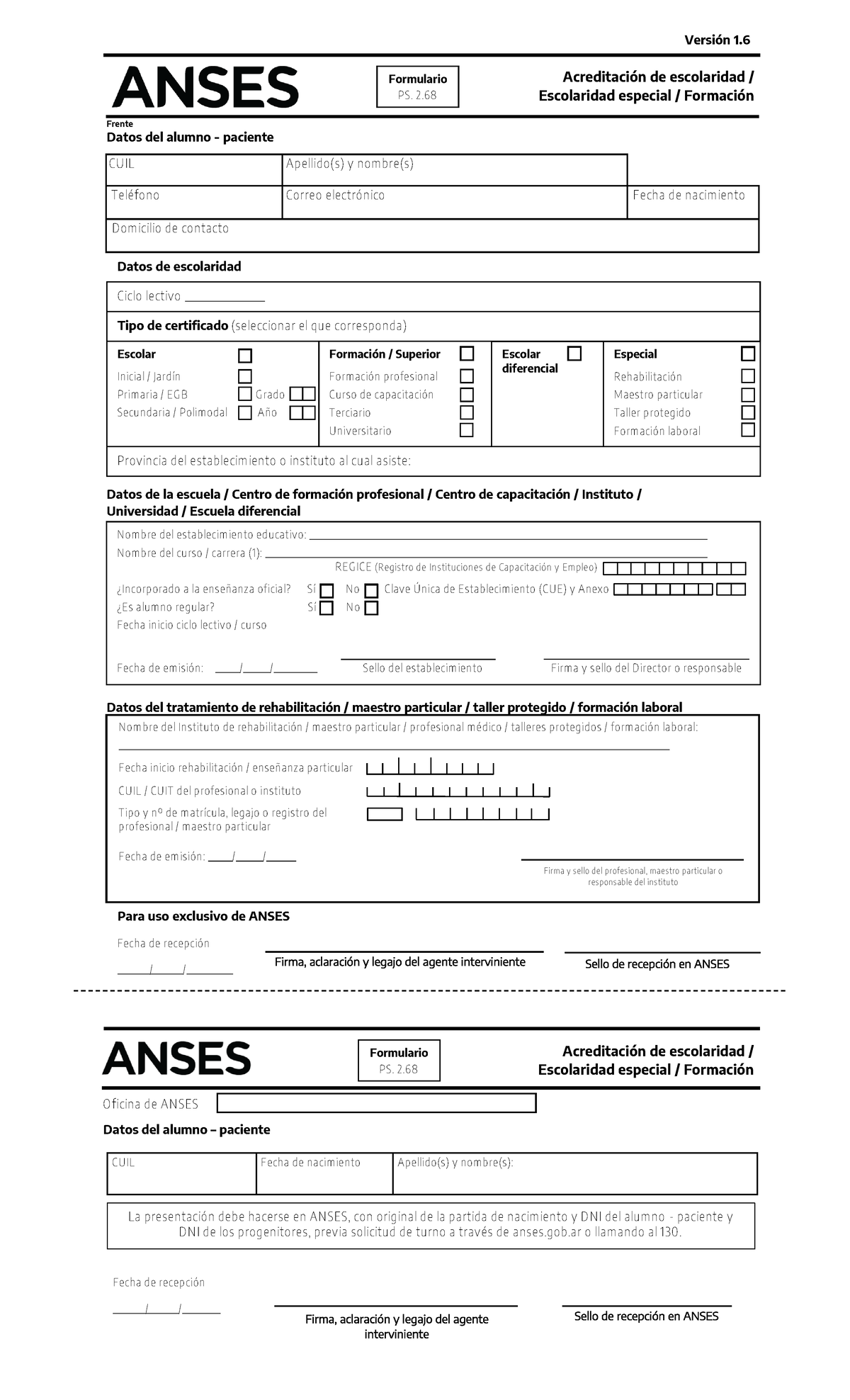 PS 268 Acreditación Escolaridad y Formulario para ANSES - Studocu