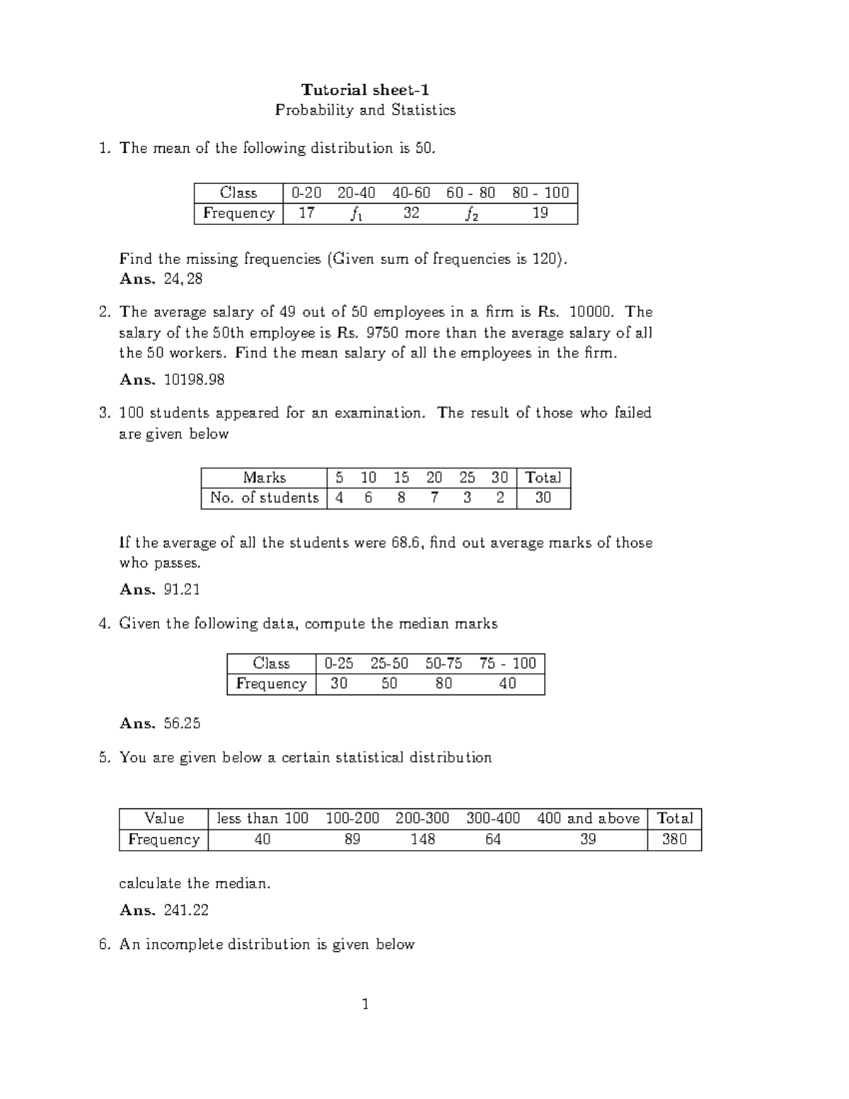 Tutorial: Descriptive Statistics Problems (Prob & Stat 1) - Studocu