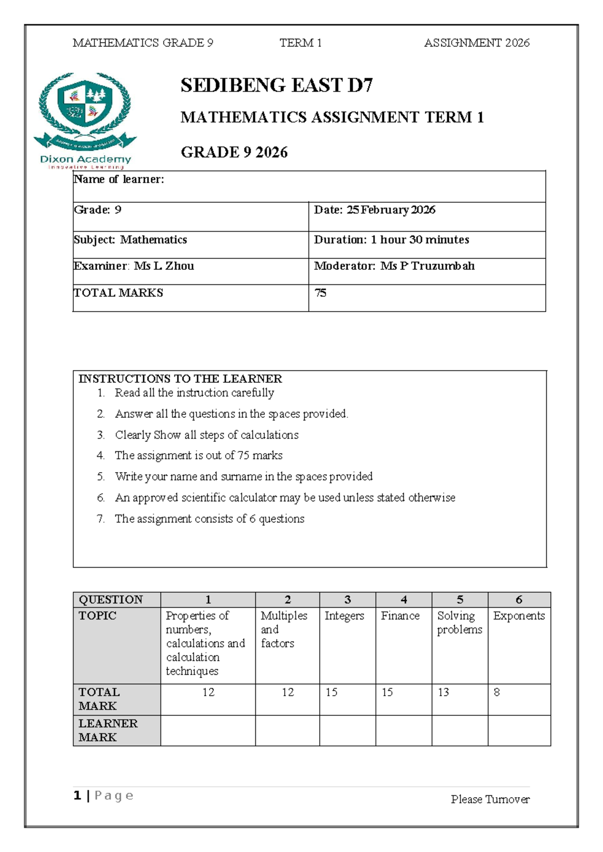 MATHEMATICS GRADE 9 TERM 1 ASSIGNMENT 2026 PRACTICE MATERIALS - Studocu