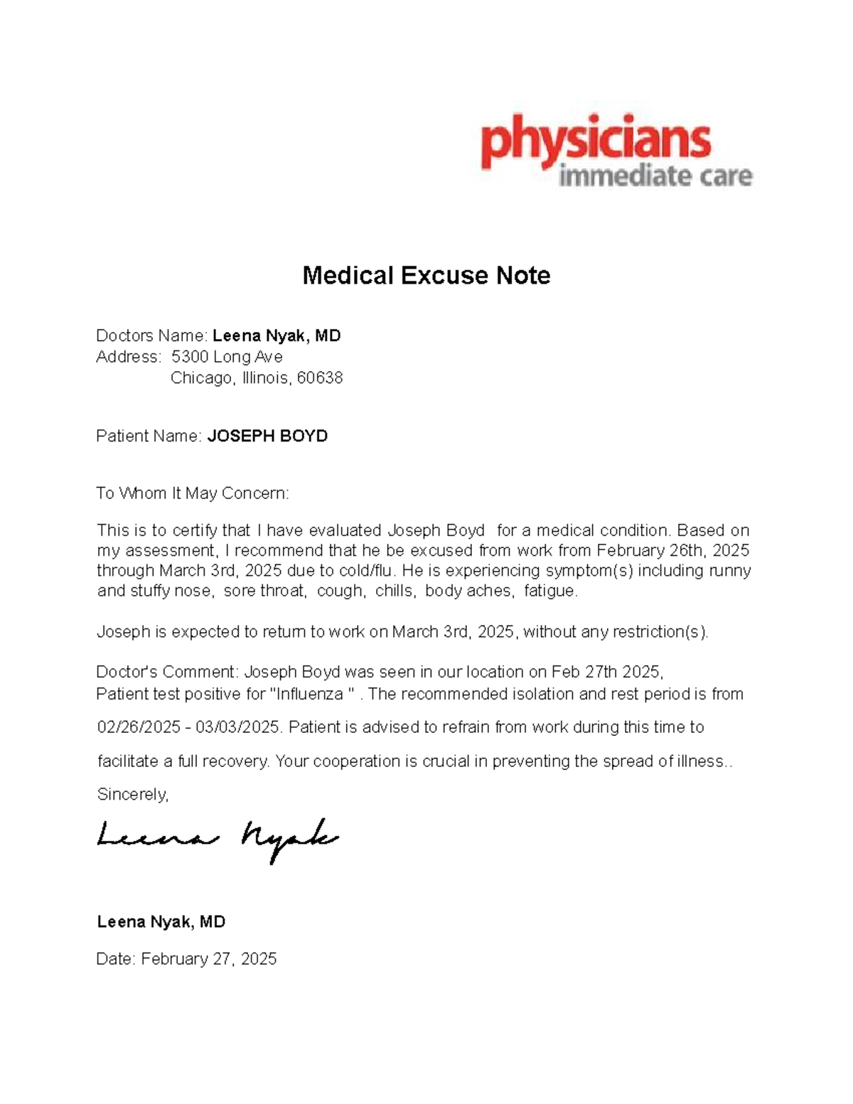 Excuse Note - Physical documents - Medical Excuse Note Doctors Name ...