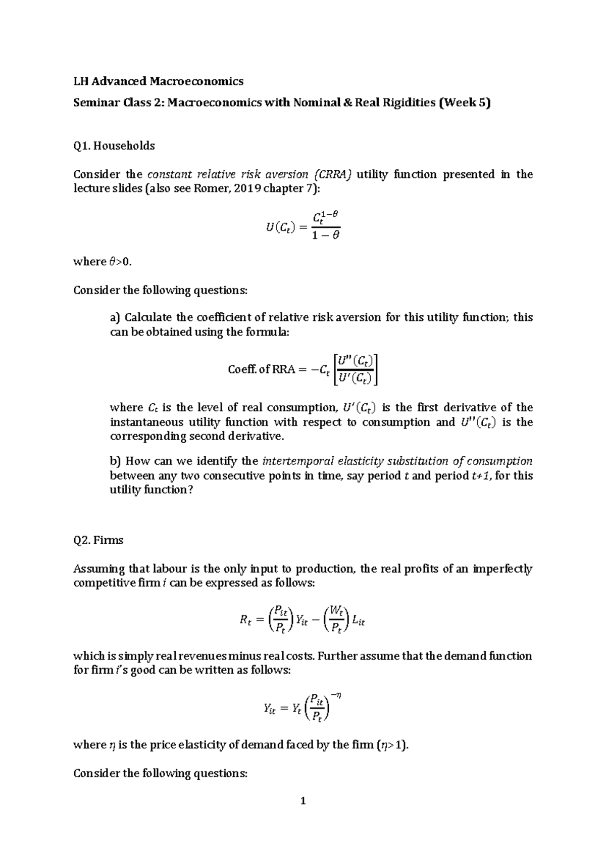 LH Advanced Macroeconomics (07 33109) Seminar Class 2: Nominal ...