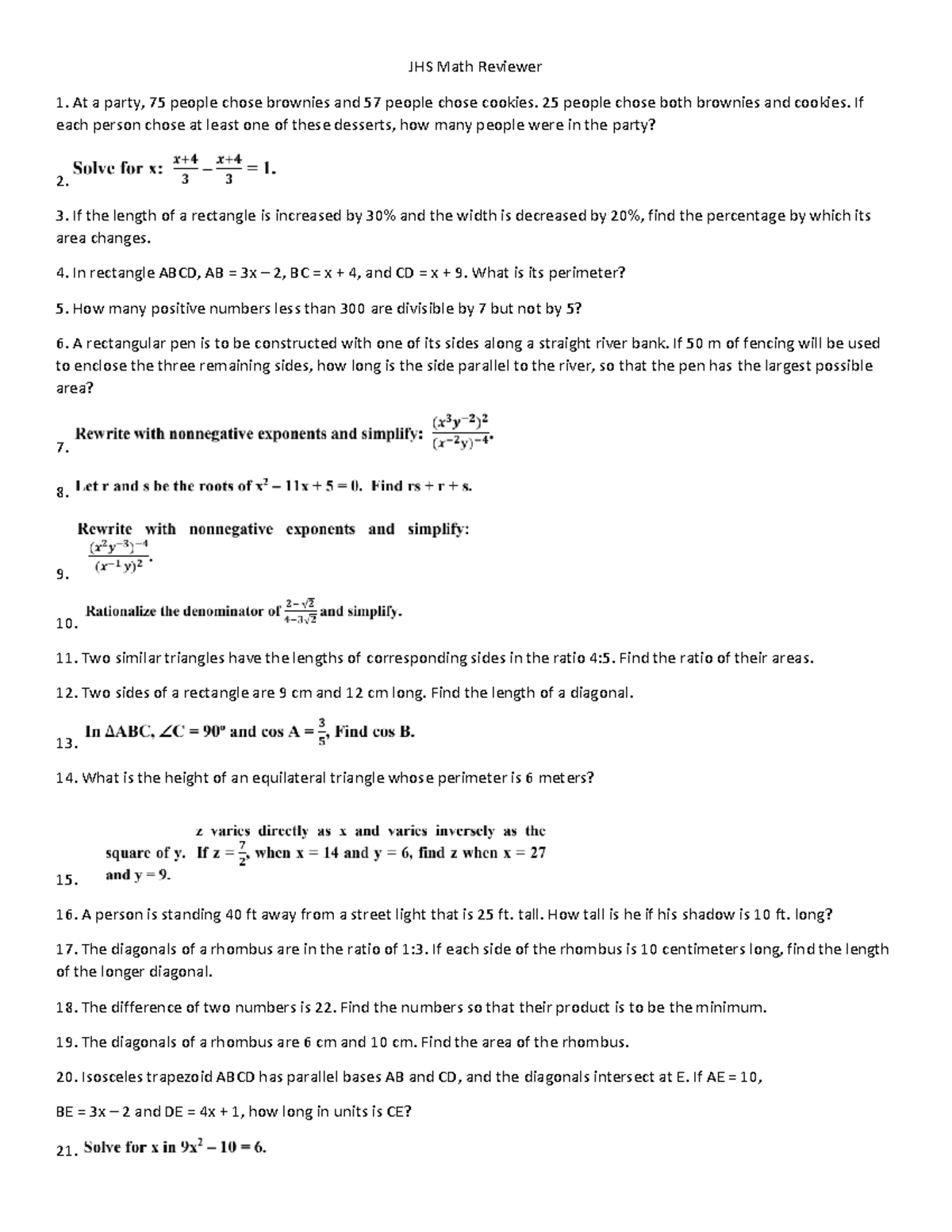 JHS Math Reviewer - Scimath - Math Problems & Solutions - Studocu