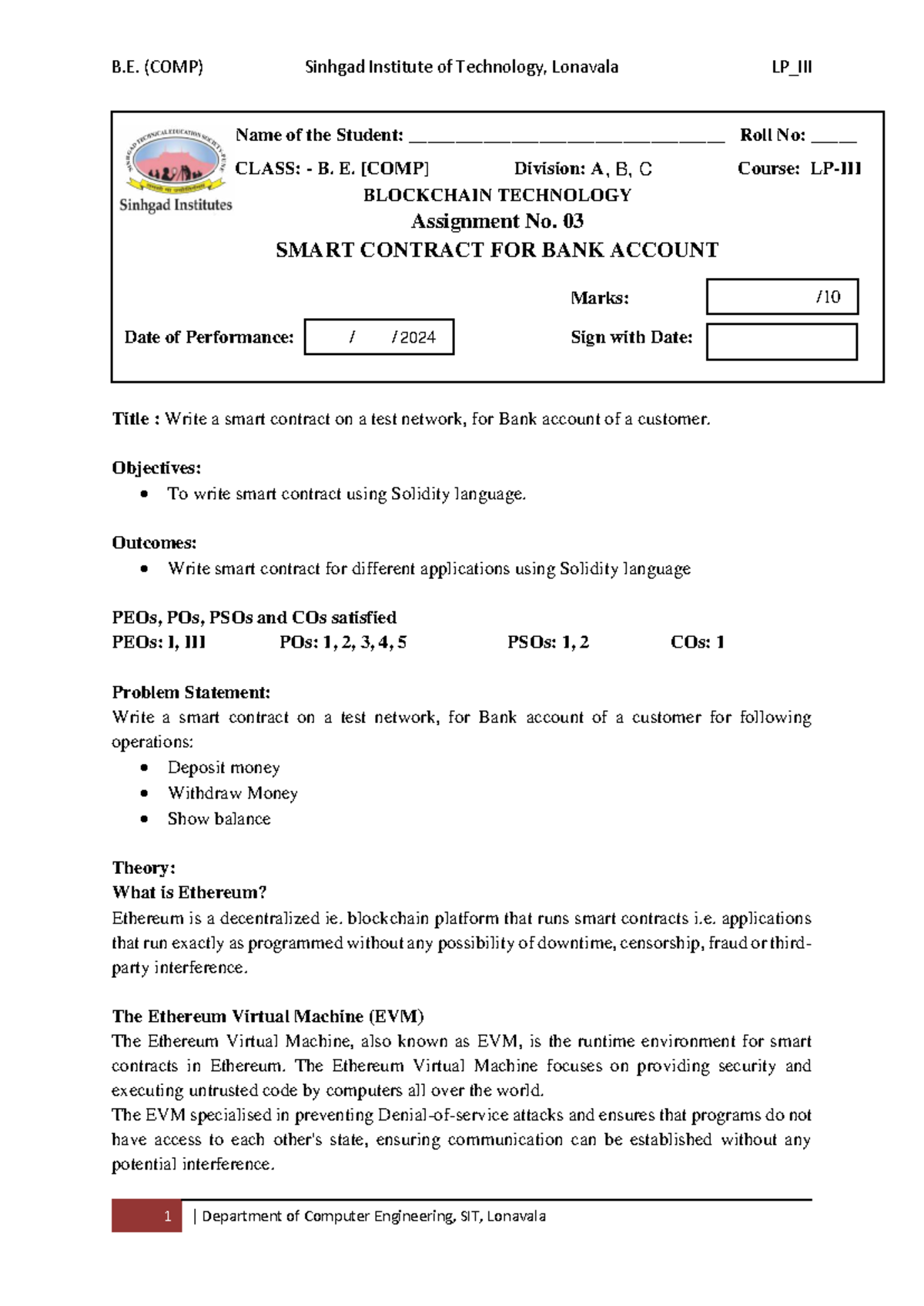 Assignment C 3 Smart Contract Bank Account - Title : Write a smart ...