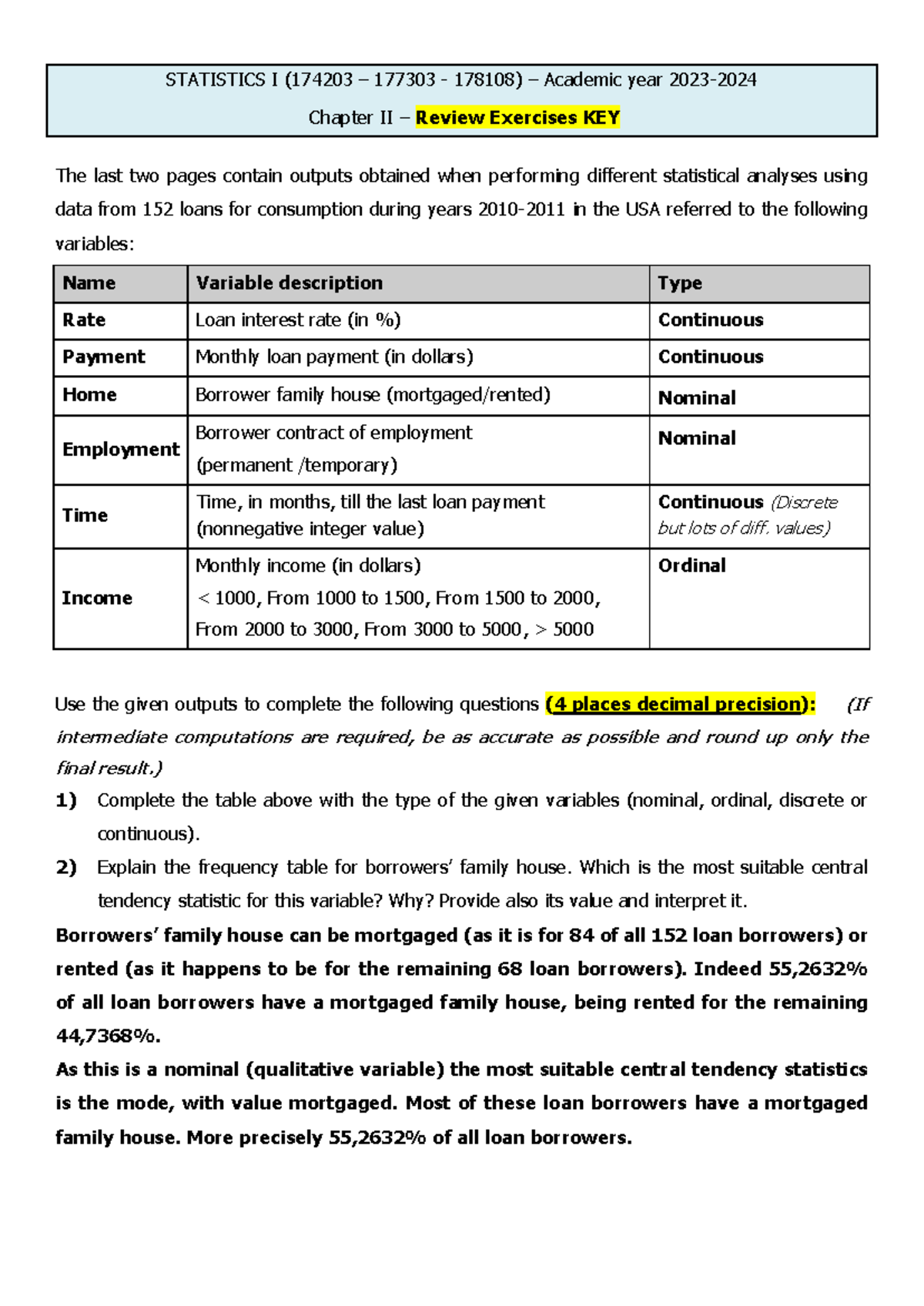 23-24 Statistics I (174203) Chapter II Review Exercises KEY - Studocu