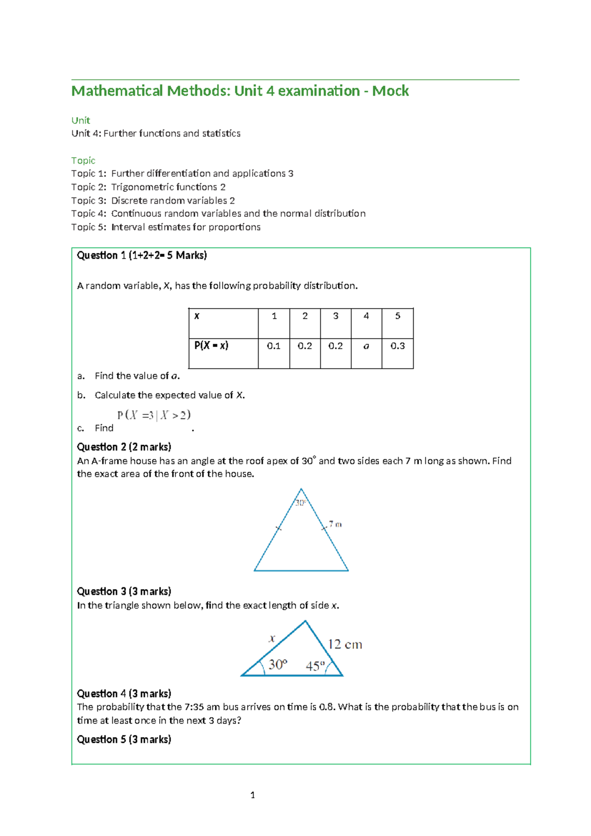 Mathematical Methods: Unit 4 Mock Exam on Functions & Statistics - Studocu