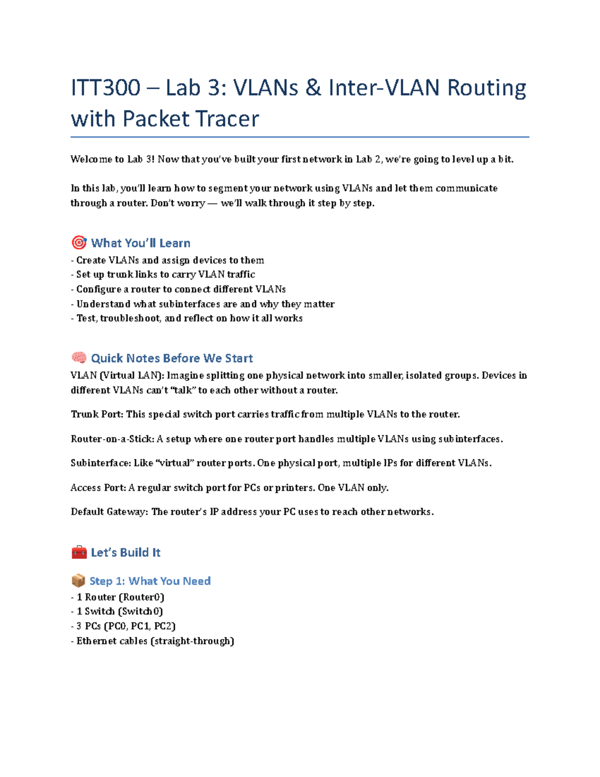 ITT300 Lab 3: VLANs Routing with Packet Tracer Guide - Studocu