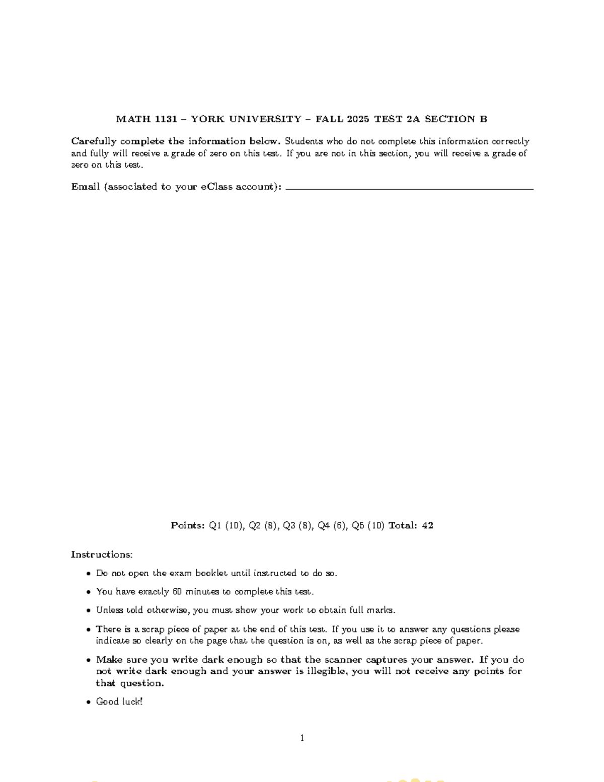 MATH 1131 YORK UNIVERSITY FALL 2025 TEST 2A SOLUTIONS - Studocu