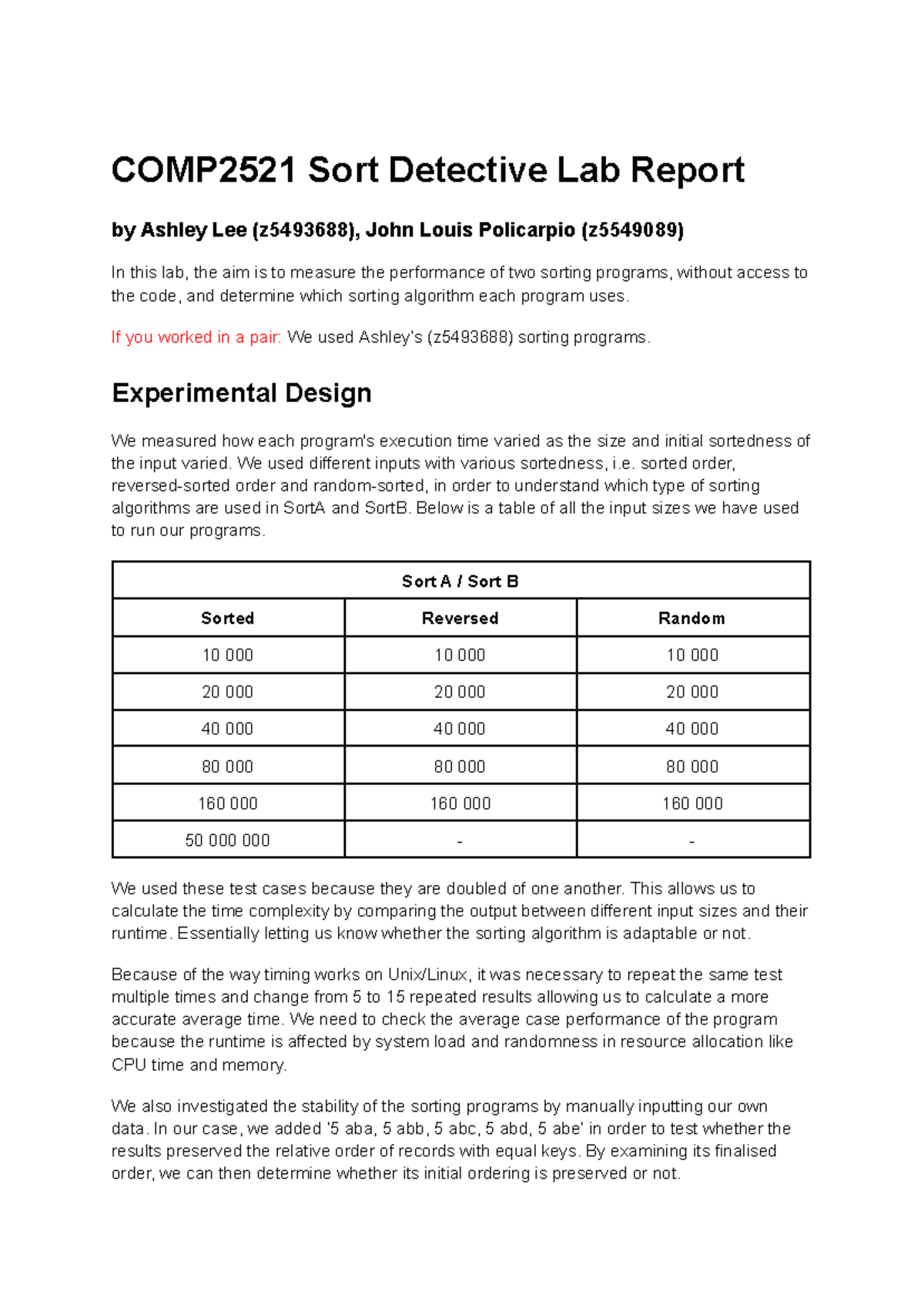 COMP2521 Week 3 Lab Report: Analyzing Sorting Algorithms - Studocu