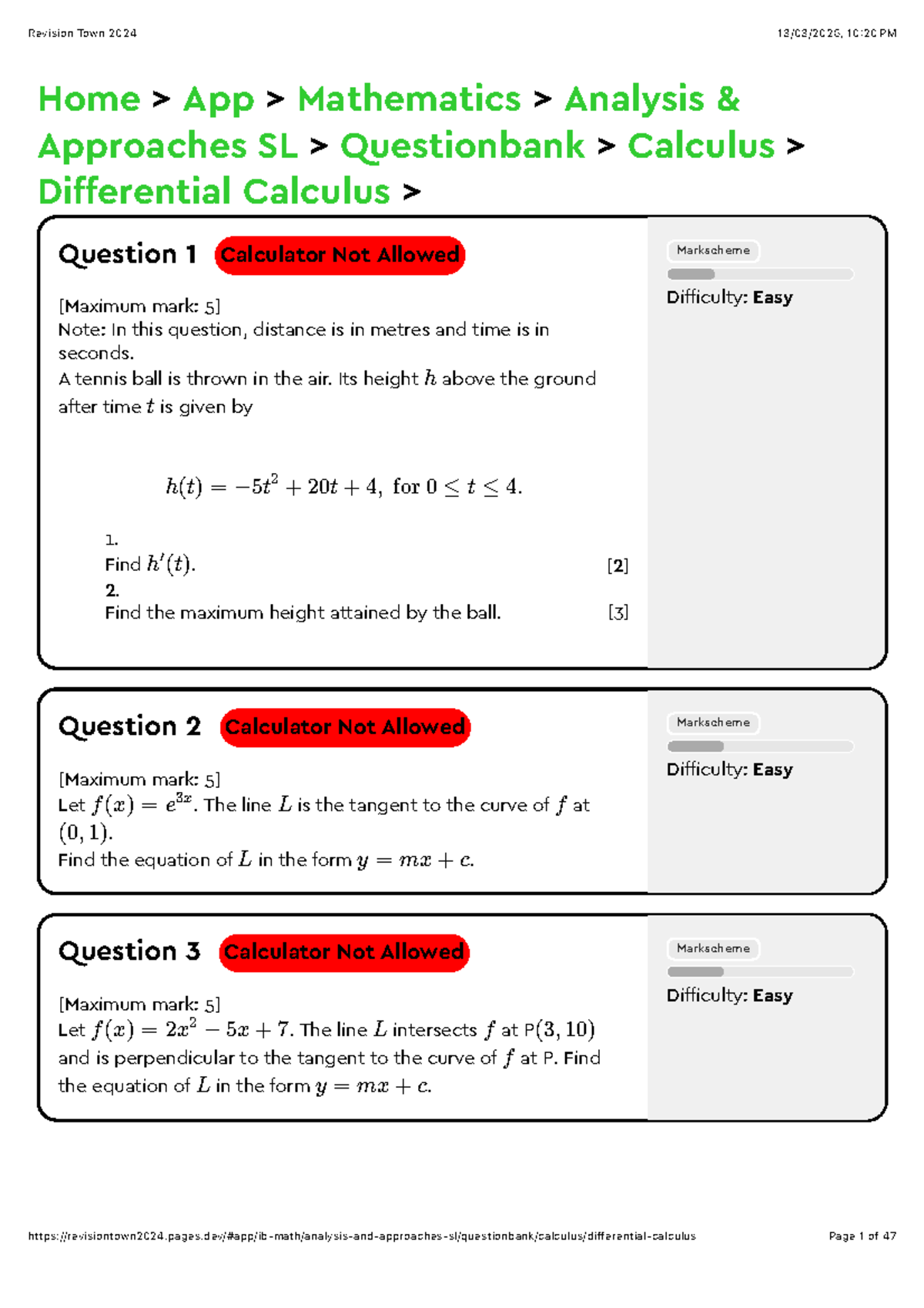 Math AA SL Differential Calculus Revision Question Bank 2024 - Studocu